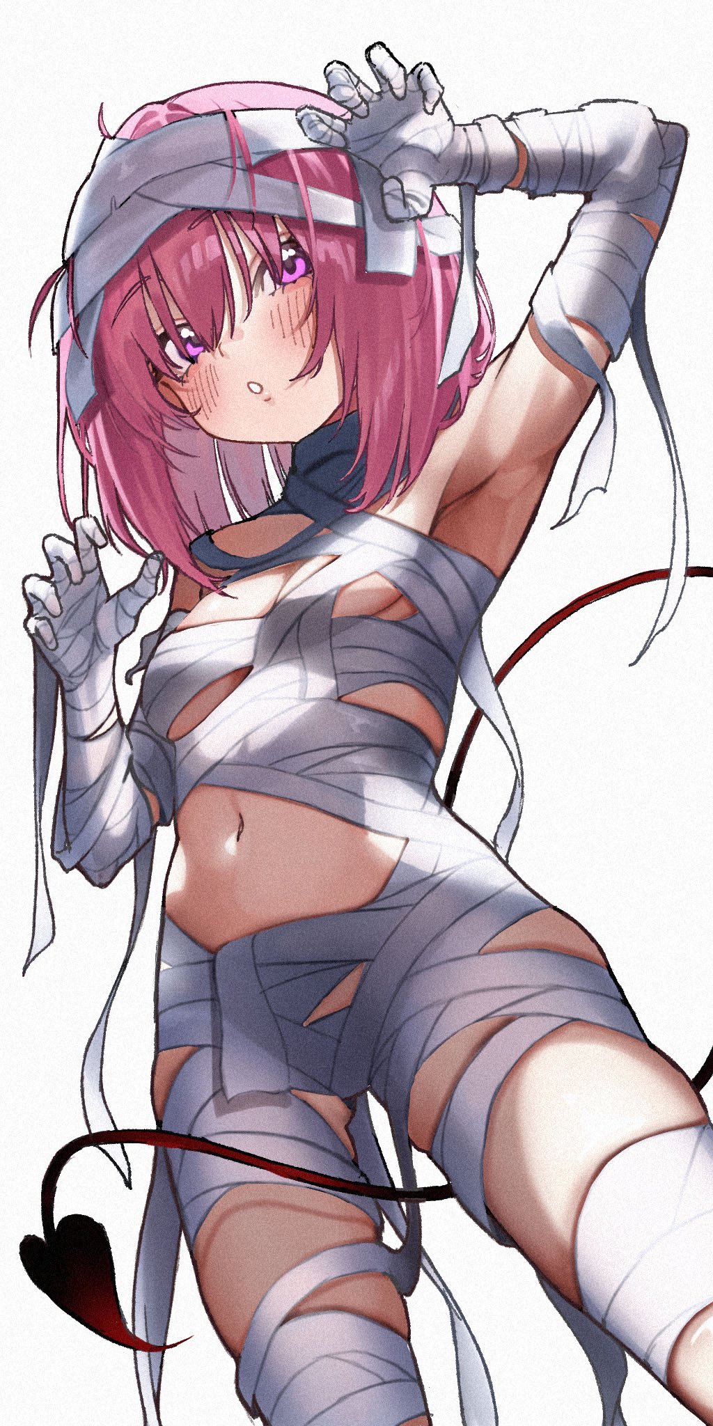 taroekaki, momo velia deviluke, to love-ru, commentary, highres, 1girl, alternate costume, armpits, bandaged arm, bandaged chest, bandaged hand, bandaged head, bandaged leg, bandaged neck, bandages, bare shoulders, between legs, blush, breasts, claw pose, cowboy shot, demon girl, demon tail, dutch angle, film grain, from below, gluteal fold, hair between eyes, halloween costume, hands up, looking at viewer, medium hair, mummy costume, naked bandage, navel, parted lips, pink hair, purple eyes, skindentation, small breasts, solo, stomach, straight hair, tail, tail between legs, thighs