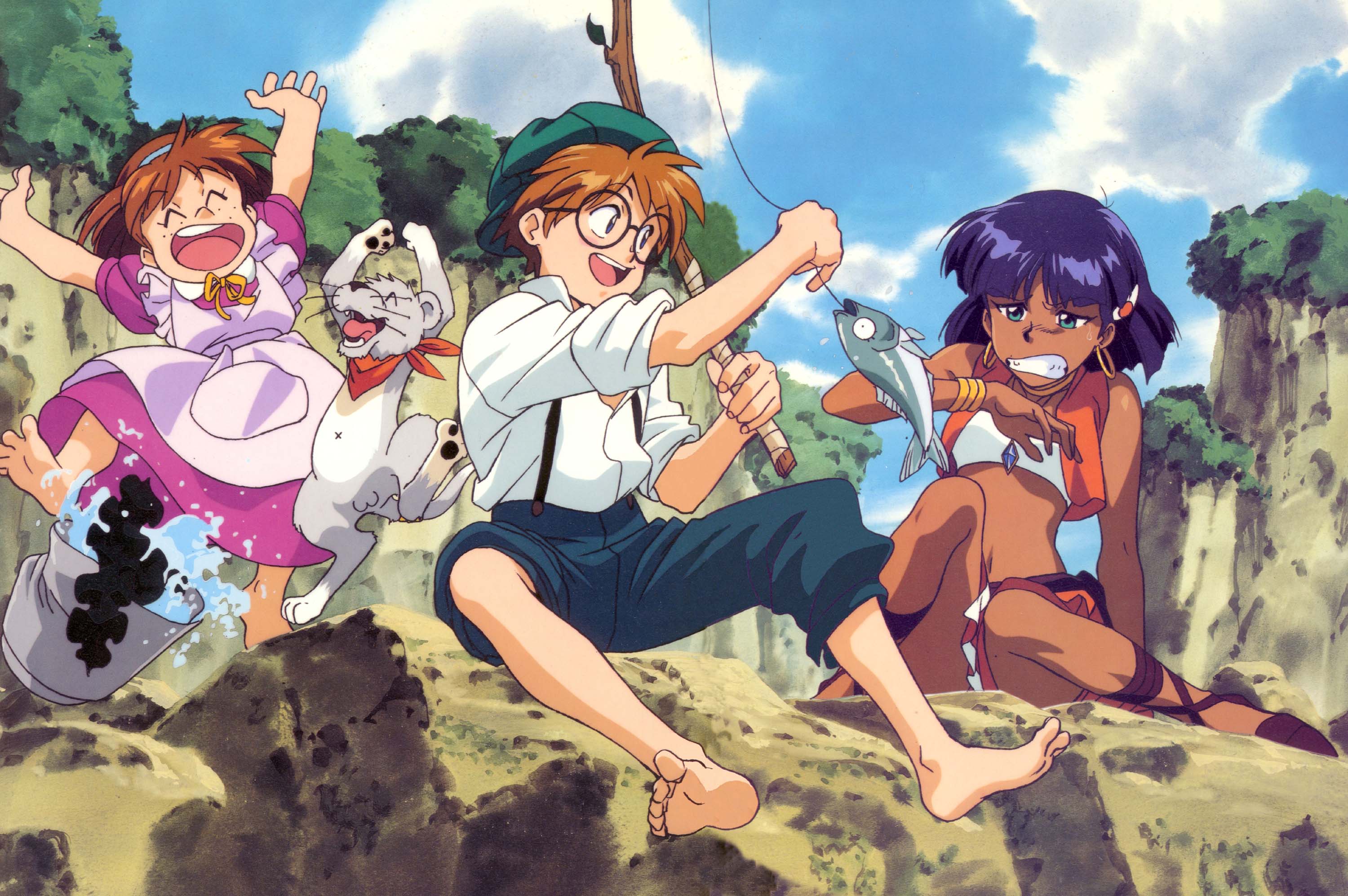 jean roque lartigue, jean roque raltique, king (nadia), marie en carlsberg, nadia la arwall, fushigi no umi no nadia, highres, scan, 1990s (style), 1boy, 2girls, ankle lace-up, bandeau, blue eyes, bracelet, brown hair, cloud, dark skin, day, disgust, earrings, fish, fishing, glasses, green eyes, jewelry, king, lion, multiple girls, purple hair, retro artstyle, sandals, sky, strapless, tree, tube top, vest