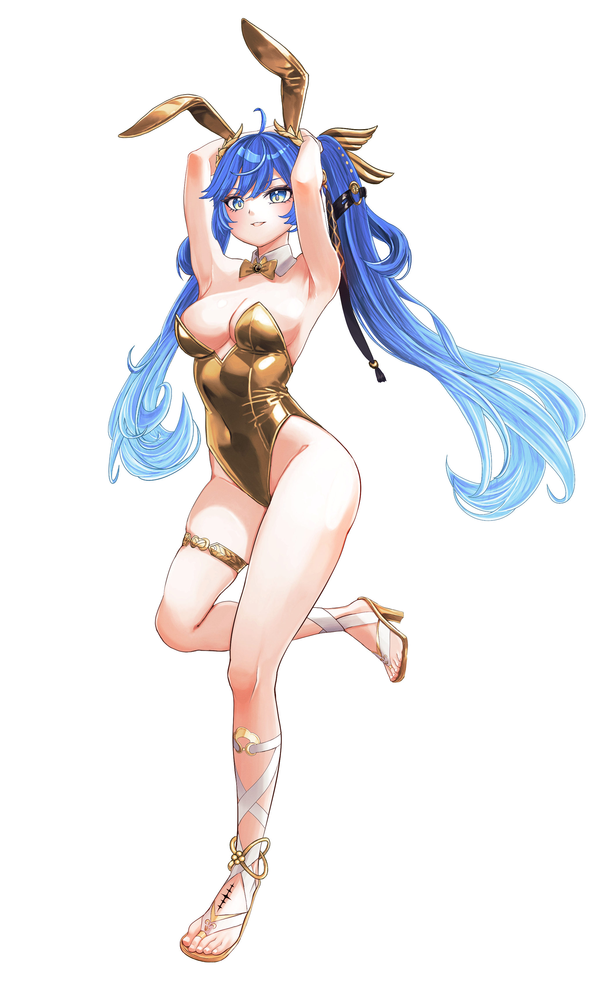 aoi (ayakaze aoi), iuno (wuthering waves), wuthering waves, absurdres, commentary, highres, 1girl, ahoge, alternate costume, arms up, blue eyes, blue hair, bow, bowtie, breasts, detached collar, full body, gold leotard, high heels, highleg, highleg leotard, jewelry, laurel crown, leotard, long hair, looking at viewer, medium breasts, multicolored hair, parted lips, playboy bunny, simple background, smile, solo, strapless, strapless leotard, streaked hair, tacet mark (wuthering waves), thighlet, thighs, toes, twintails, very long hair, white background, yellow bow, yellow bowtie