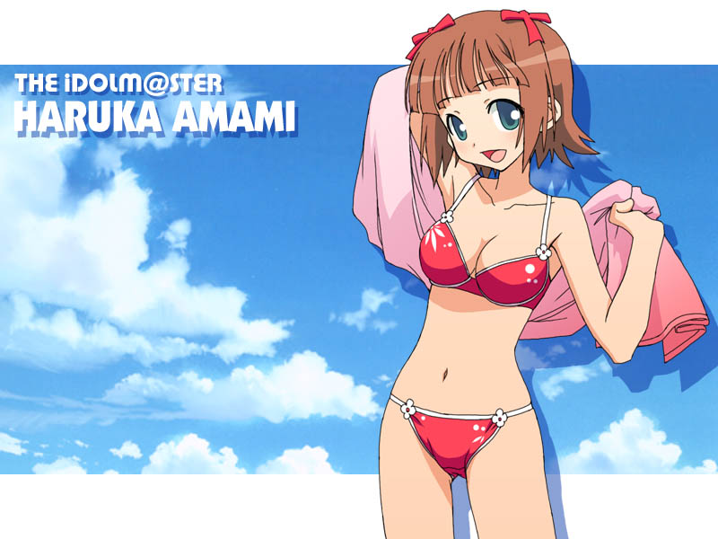 amami haruka, idolmaster, idolmaster (classic), idolmaster 1, jpeg artifacts, 00s, 1girl, bikini, blue eyes, brown hair, day, female focus, red bikini, short hair, solo, swimsuit, towel