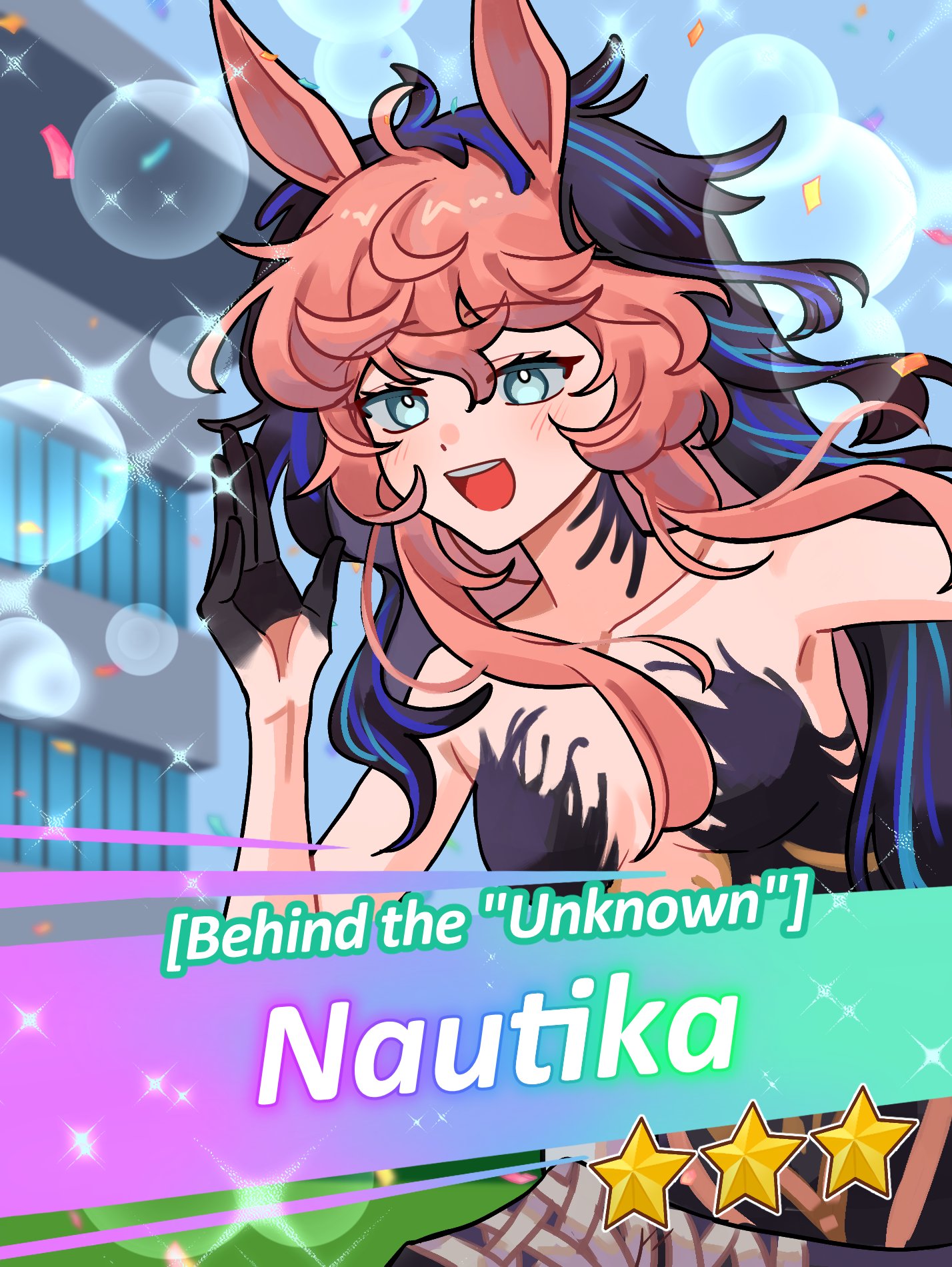 haihaiera, nautika (reverse:1999), reverse:1999, umamusume, commentary, highres, 1girl, :d, animal ears, aqua eyes, bare shoulders, black dress, black hands, black veil, blue sky, blue veil, blush, breasts, centauroid, chimera, cleavage, cloud, collarbone, colored extremities, confetti, day, dress, english text, gacha (game mechanic), gameplay mechanics, gradient skin, hair between eyes, horse ears, leg up, long hair, medium breasts, monster girl, open mouth, outdoors, parody, pink hair, plunging neckline, running, sidelocks, sky, smile, solo, sparkle, star (symbol), strapless, strapless dress, taur, teeth, two-tone veil, upper body, upper teeth only, veil, very long hair