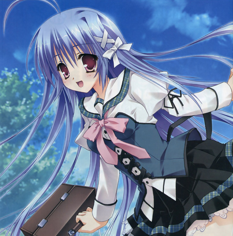 hinamatsuri touko, aoi kokona, mikoko (game), cropped, non-web source, 1girl, bag, blue hair, female focus, long hair, open mouth, red eyes, school uniform, solo