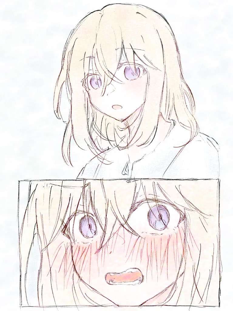 misumi uika, bang dream!, bang dream! it's mygo!!!!!, commentary request, 1girl, blonde hair, blush, embarrassed, hair between eyes, looking at viewer, medium hair, nekomata kaede, open mouth, purple eyes, simple background, white background