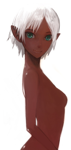 oomori harusame, bad id, bad pixiv id, 1girl, breasts, dark-skinned female, dark skin, female focus, green eyes, nude, pointy ears, short hair, small breasts, smile, solo, white hair