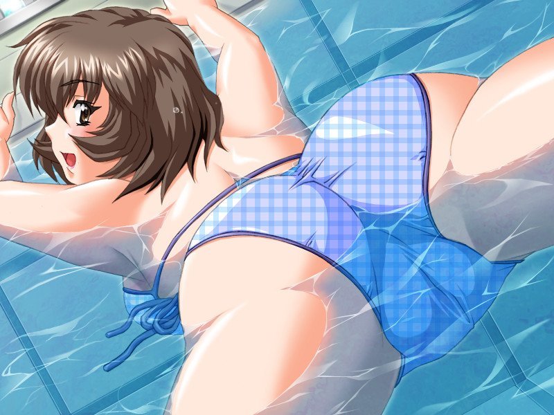 kikusui napo, uninigumi, morioka touko, oshiete! onetei, tryset, game cg, 1girl, ass, bikini, brown eyes, brown hair, cameltoe, checkered bikini, checkered clothes, crotch, dutch angle, female focus, looking back, open mouth, plaid bikini, plaid clothes, pool, short hair, solo, swimsuit, unmoving pattern, water, wet