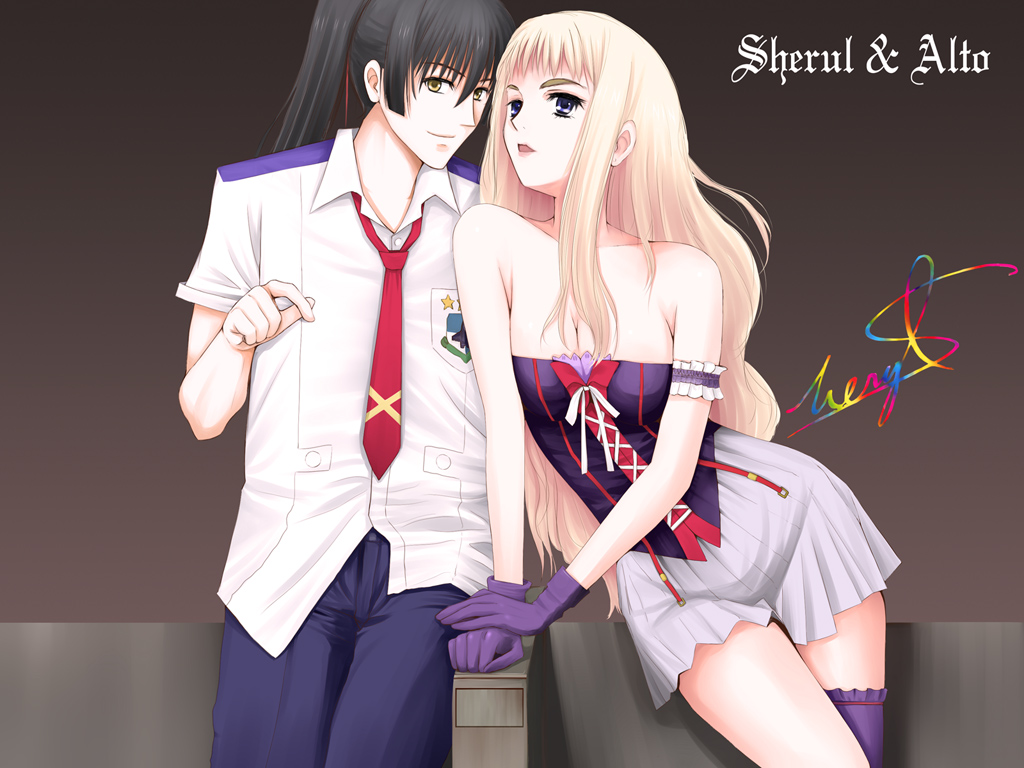 niwatori kokezou, saotome alto, sheryl nome, macross, macross frontier, 00s, 1boy, 1girl, arm support, asymmetrical clothes, bare shoulders, black background, black hair, blonde hair, blue eyes, blue pants, breasts, character name, cleavage, closed mouth, collared shirt, couple, eyebrows hidden by hair, gloves, grey skirt, hair between eyes, hand up, hetero, high ponytail, long hair, medium breasts, miniskirt, neck, open mouth, pants, pleated skirt, ponytail, purple gloves, purple tube top, school uniform, shirt, short sleeves, side-by-side, signature, single thighhigh, skirt, smile, standing, straight hair, strapless, thick eyebrows, thighhighs, tube top, white shirt, yellow eyes