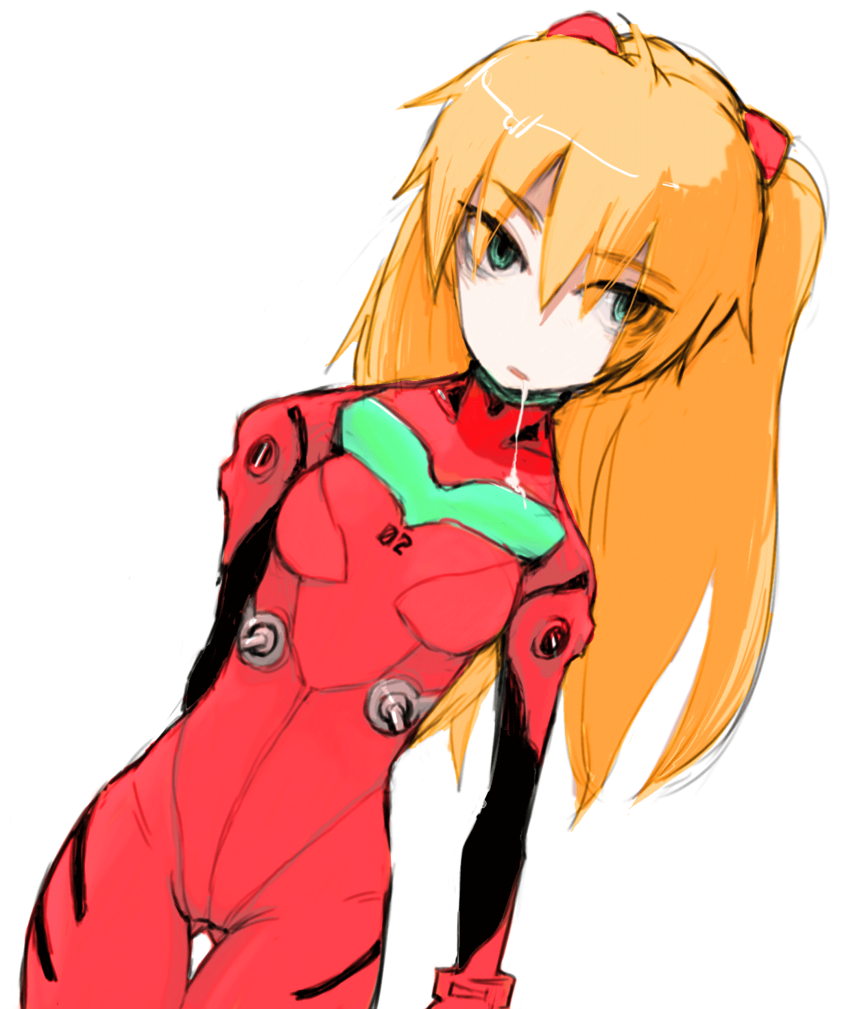 oomori harusame, souryuu asuka langley, neon genesis evangelion, bad id, bad pixiv id, highres, 1girl, :o, aqua eyes, arm behind back, blue eyes, bodysuit, bracer, breasts, cowboy shot, drooling, dutch angle, empty eyes, eyes visible through hair, female focus, hair between eyes, hair ornament, long hair, looking at viewer, mecha pilot suit, open mouth, orange hair, pale skin, plugsuit (evangelion), red hair, saliva, simple background, sketch, skinny, small breasts, solo, thigh gap, turtleneck, white background
