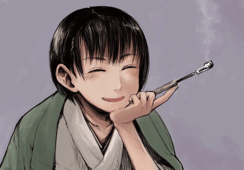 oomori harusame, tanyuu, tanyuu (mushishi), tanyuu karibusa, mushishi, bad id, bad pixiv id, 1girl, black hair, closed eyes, female focus, holding, holding smoking pipe, japanese clothes, kimono, kiseru, short hair, smile, smoking, smoking pipe, solo