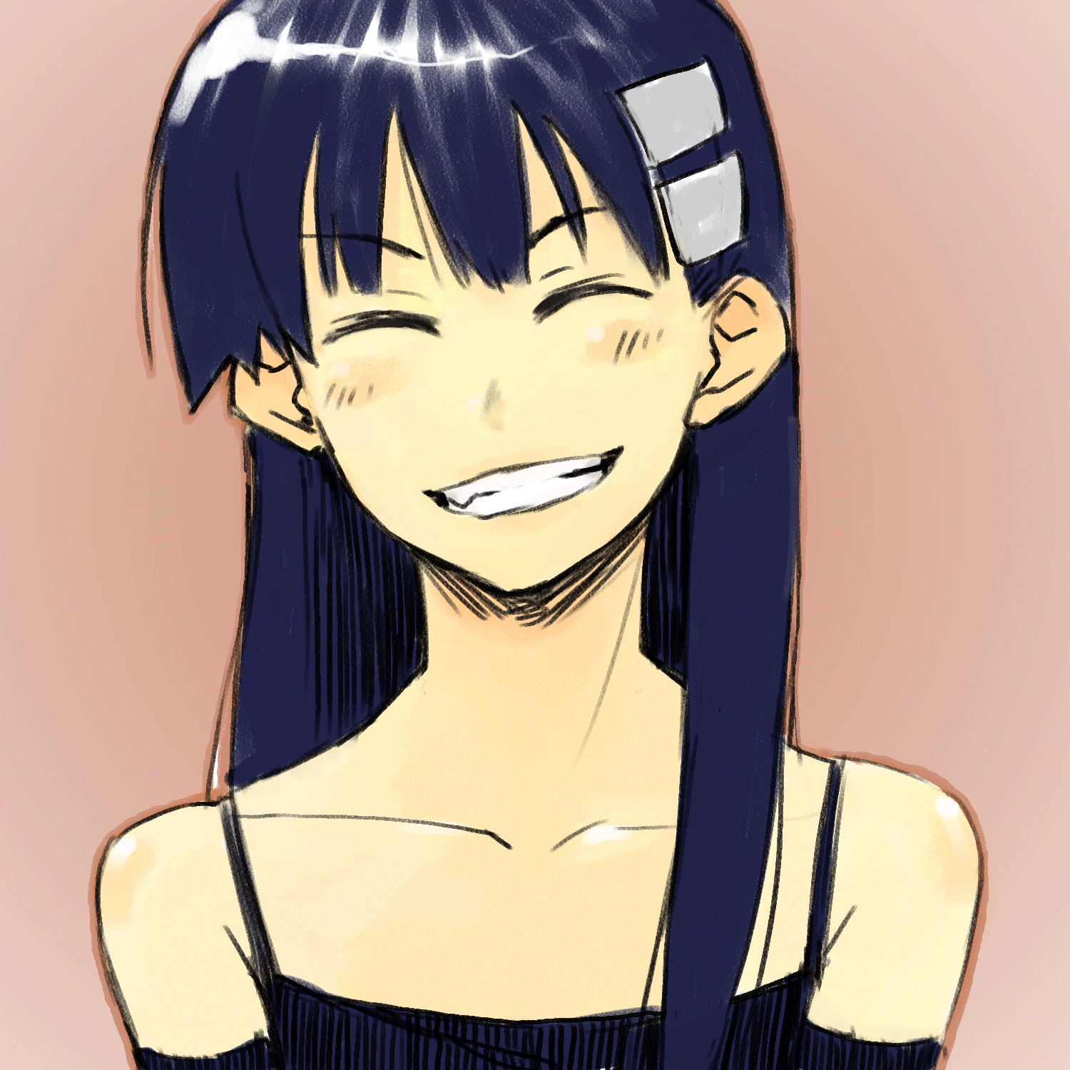 oomori harusame, kiyal bachika, tengen toppa gurren lagann, bad id, bad pixiv id, highres, 00s, 1girl, bare shoulders, closed eyes, female focus, grin, long hair, purple hair, smile, solo