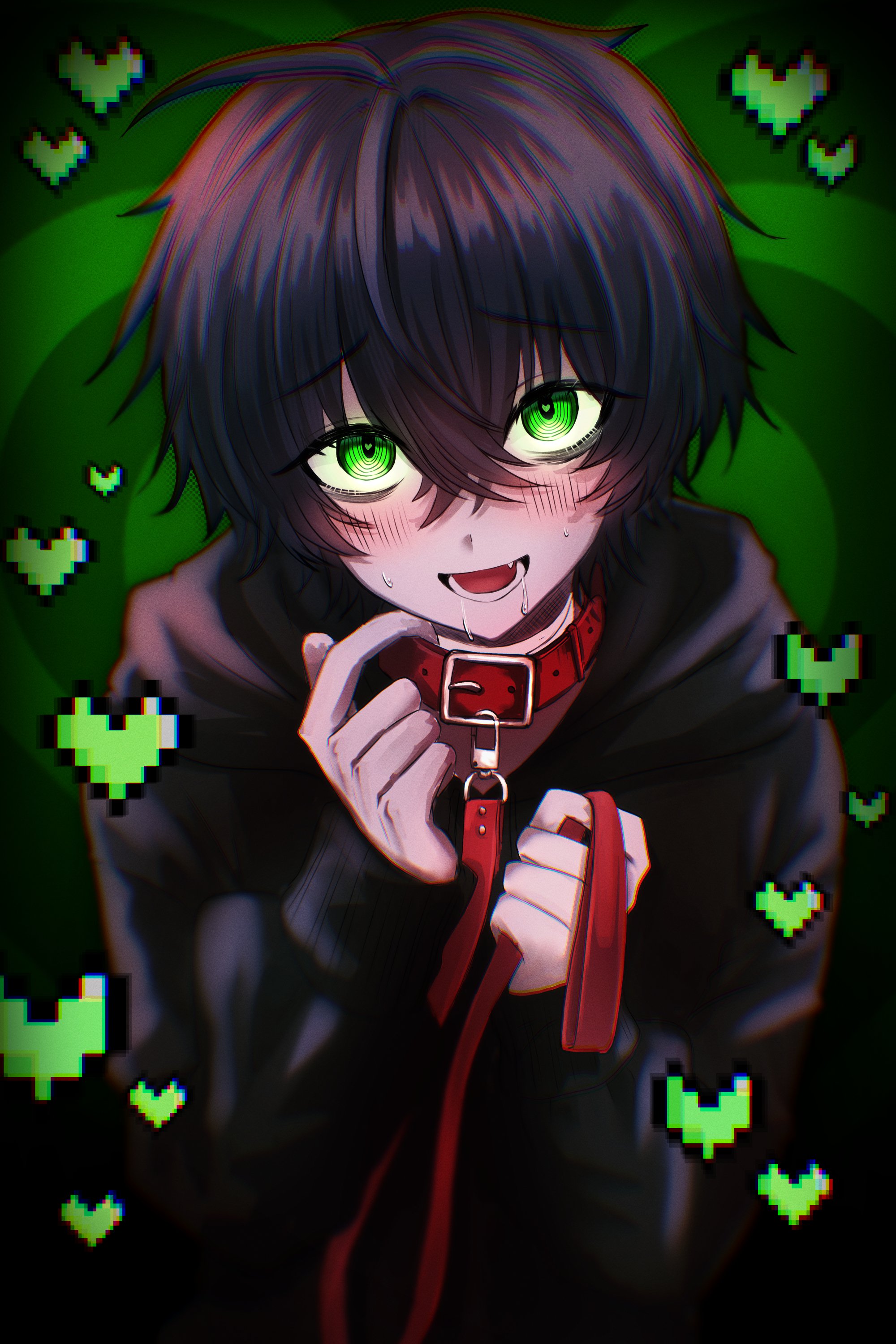 kylar (degrees of lewdity), kylar (male) (degrees of lewdity), degrees of lewdity, absurdres, highres, 1boy, black hair, black hoodie, blush, collar, green eyes, heart, holding own leash, hood, hoodie, looking at viewer, open clothes, pixel heart, rala chan, red collar, short hair, solo