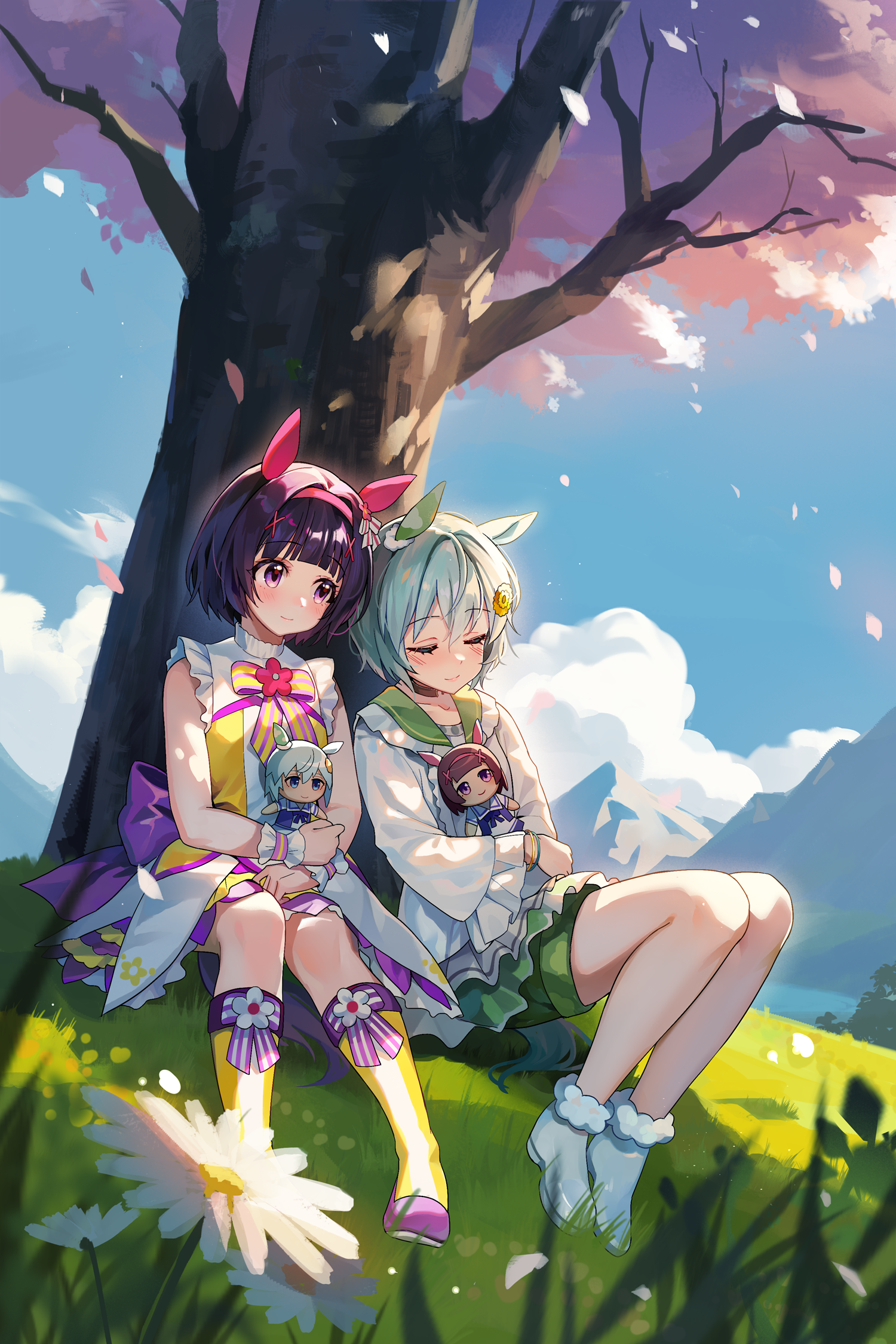 baozishark, nishino flower (tiered petal) (umamusume), nishino flower (umamusume), seiun sky (reeling in the big one) (umamusume), seiun sky (umamusume), umamusume, chinese commentary, commentary, highres, 2girls, animal ears, ankle boots, aqua hair, blue sky, boots, bow, bracelet, brown choker, character doll, cherry blossoms, choker, closed eyes, closed mouth, cloud, day, doll, dress, ear covers, falling petals, flower, full body, fur-trimmed boots, fur trim, grass, green sailor collar, green shorts, grey boots, hair between eyes, hair flower, hair ornament, hairband, holding, holding doll, horse ears, horse girl, horse tail, jewelry, knee boots, long sleeves, multiple girls, outdoors, petals, pink hairband, purple bow, purple eyes, purple hair, sailor collar, shirt, short hair, shorts, single ear cover, sky, sleeveless, sleeveless dress, smile, striped bow, tail, tree, under tree, white shirt, wrist cuffs, yellow boots, yellow flower