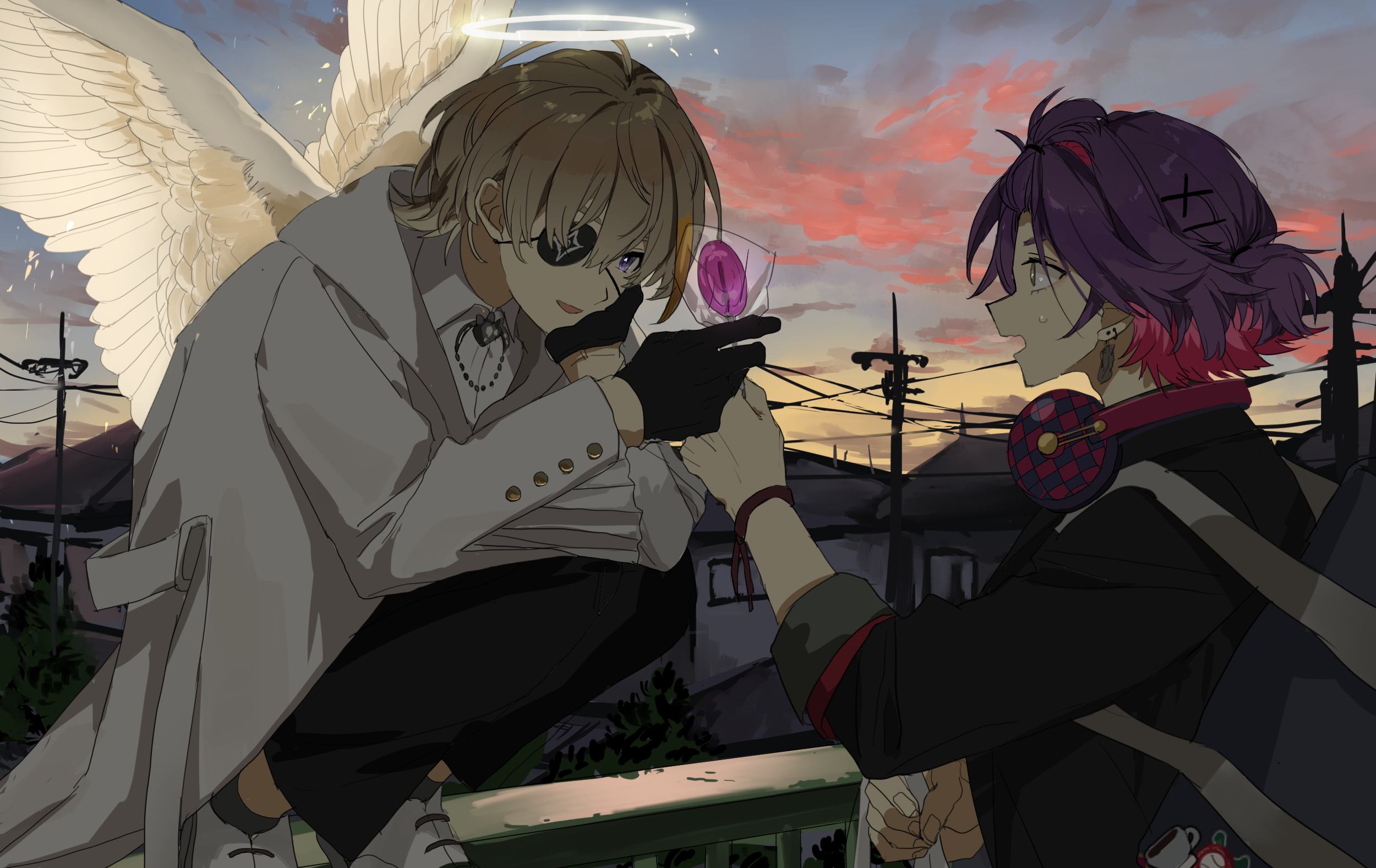 matsuhago, fura kanato, watarai hibari, nijisanji, highres, 2boys, angel wings, bag, black gloves, black pants, bracelet, brown hair, candy, cloud, coat, colored inner hair, earrings, eyepatch, food, gloves, hair between eyes, half updo, halo, jewelry, lollipop, looking at another, male focus, multicolored hair, multiple boys, on railing, pants, power lines, purple hair, railing, school bag, short hair, shoulder bag, sky, sleeves rolled up, smile, squatting, traditional halo, twilight, two-tone hair, virtual youtuber, white coat, wings