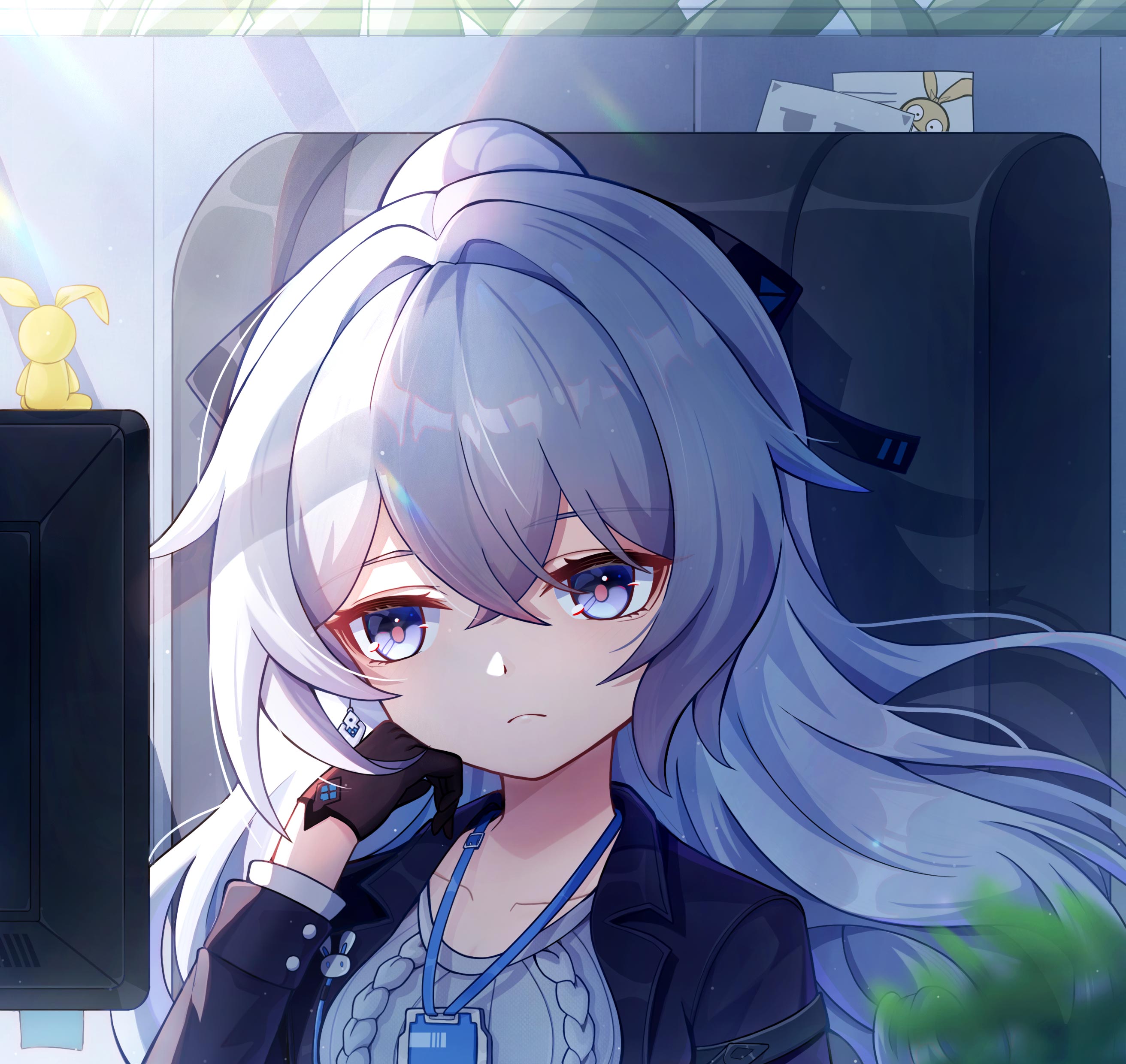 ang55523671, bronya zaychik, bronya zaychik (outstanding attitude), bronya zaychik (silverwing: n-ex), homu (honkai impact), honkai (series), honkai impact 3rd, absurdres, commentary, highres, 1girl, black gloves, black jacket, blue eyes, breasts, closed mouth, collarbone, earrings, gloves, grey hair, grey sweater, hair between eyes, hand up, id card, indoors, jacket, jewelry, lanyard, long hair, looking at screen, medium breasts, pink pupils, ponytail, solo, sweater, upper body