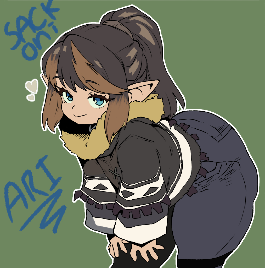sackoni, warrior of light (ff14), final fantasy, final fantasy xiv, 1girl, artist name, ass, blue pants, brown hair, closed mouth, coat, eyebrows hidden by hair, flat chest, from side, fur-trimmed coat, fur trim, green background, hands on own knee, huge ass, lalafell, leaning forward, looking at viewer, medium hair, pants, pointy ears, simple background, smile, solo