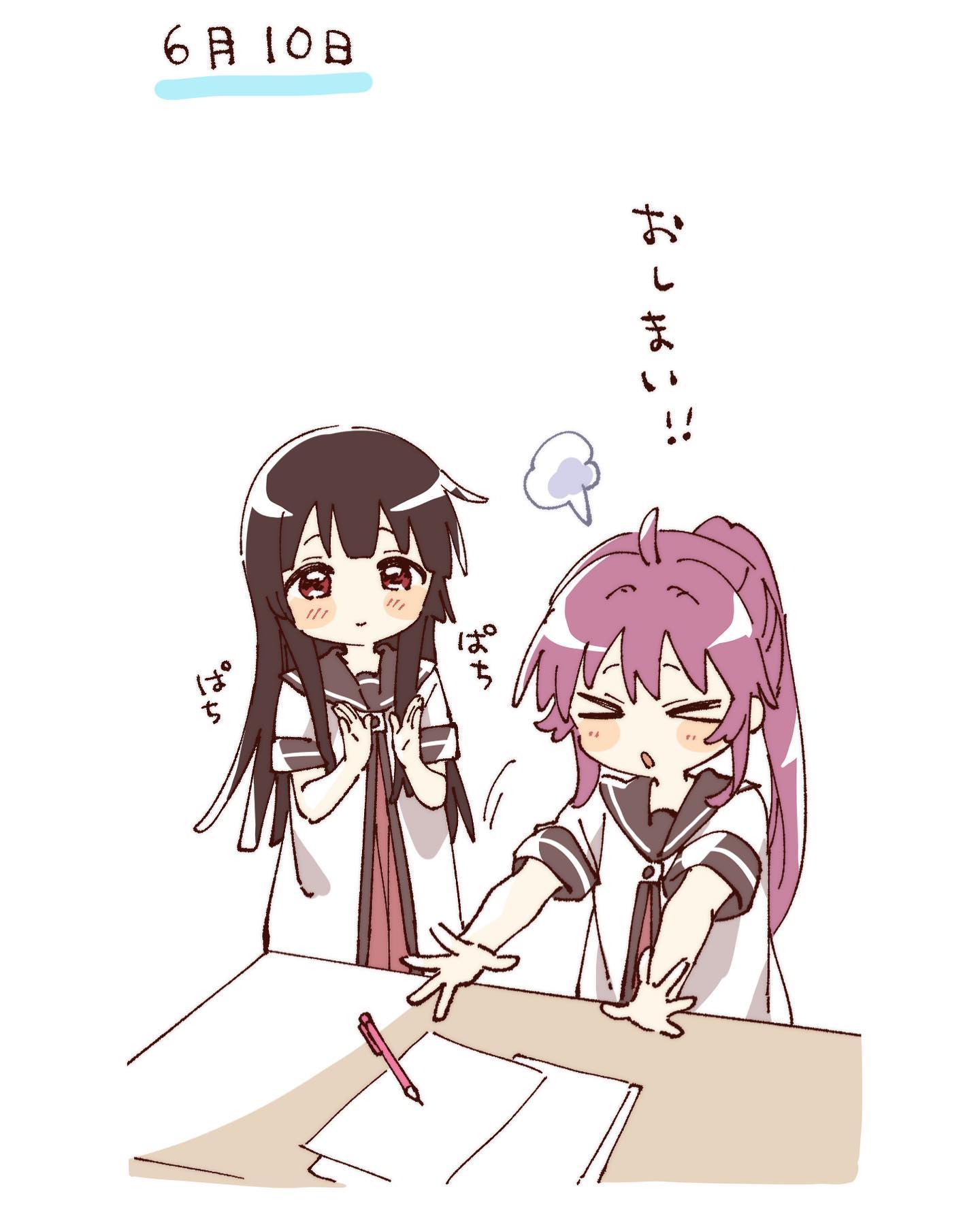 namori, matsumoto rise, sugiura ayano, yuruyuri, hashtag-only commentary, highres, translated, > <, 2girls, :o, ahoge, black hair, blush stickers, brown sailor collar, closed eyes, closed mouth, dress, long hair, multiple girls, nanamori school uniform, open mouth, outstretched arms, paper, pen, ponytail, puff of air, purple hair, red dress, red eyes, sailor collar, school uniform, shirt, short sleeves, simple background, smile, summer uniform, upper body, white background, white shirt