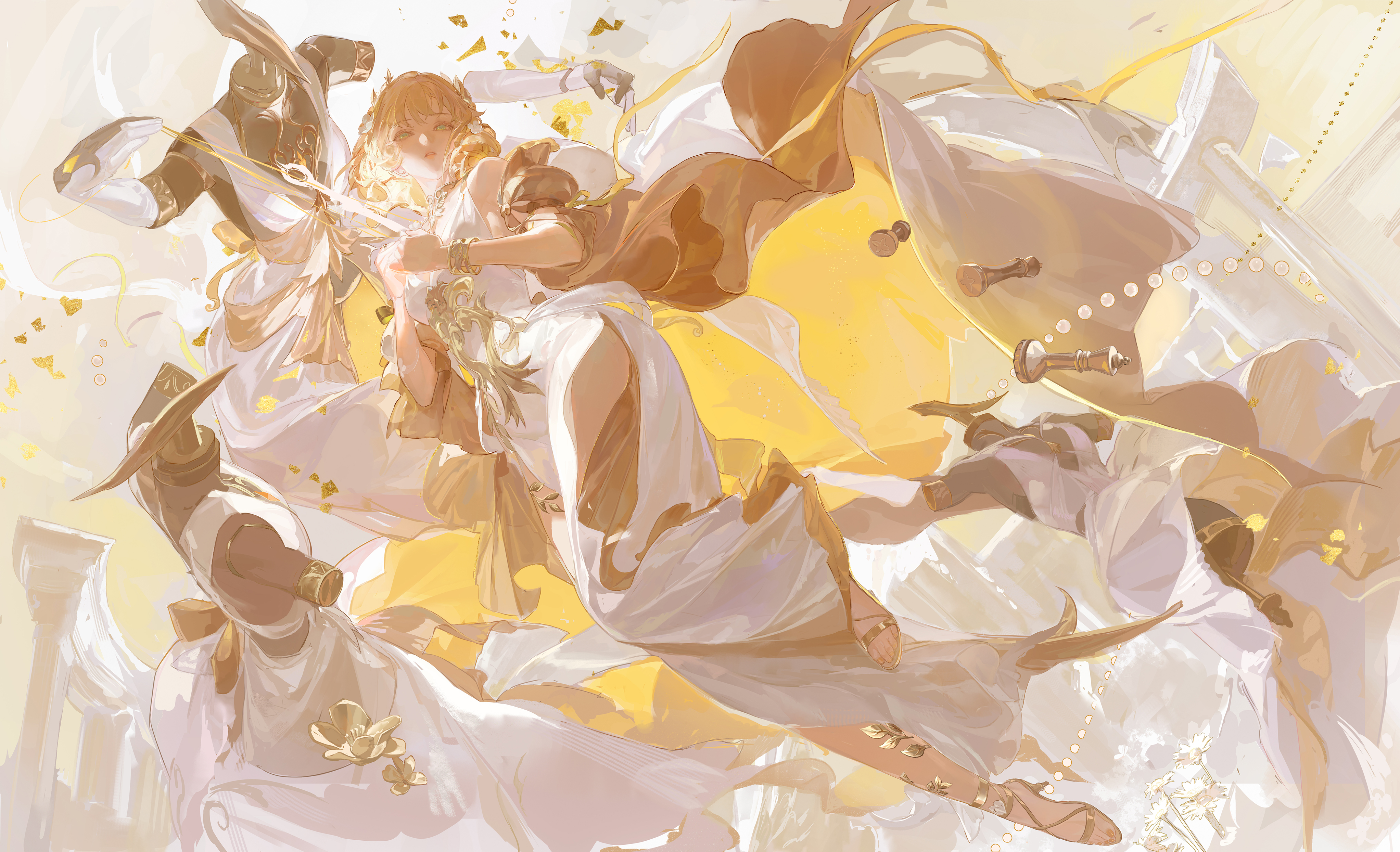 panni xing, aglaea (honkai: star rail), honkai: star rail, honkai (series), absurdres, chinese commentary, commentary request, highres, second-party source, 1girl, abstract background, ancient greek clothes, blonde hair, chess piece, dress, flower, garmentmaker (honkai: star rail), greco-roman clothes, green eyes, hair flower, hair ornament, king (chess), mannequin, queen (chess), sandals, short hair, toes, white dress, yellow theme