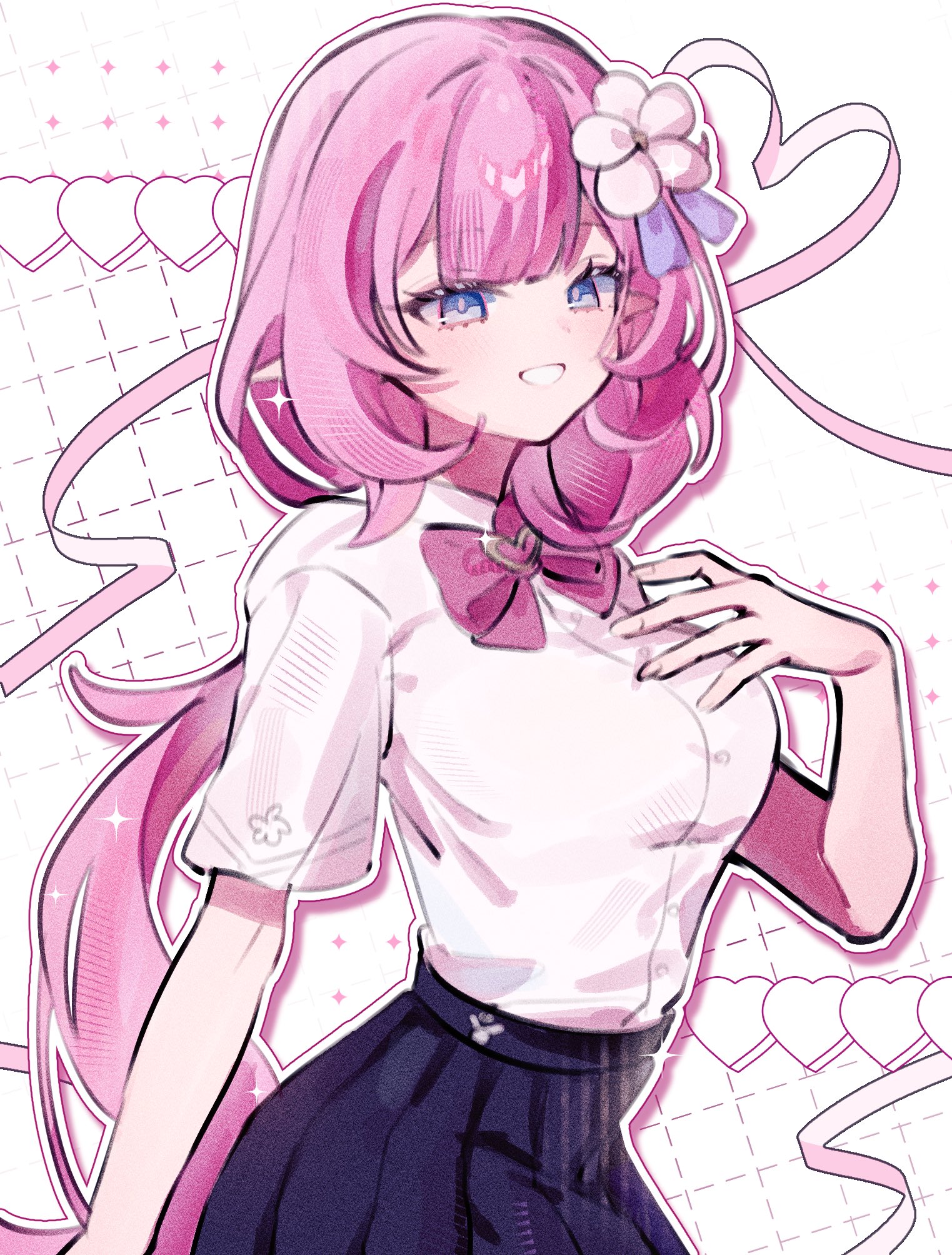 pino (pino2452), elysia (honkai impact), honkai (series), honkai impact 3rd, hashtag-only commentary, highres, 1girl, alternate costume, blue eyes, blue skirt, breasts, elf, flower, hair flower, hair ornament, heart, large breasts, long hair, looking at viewer, pink hair, pointy ears, shirt, skirt, smile, solo, very long hair, white background, white shirt