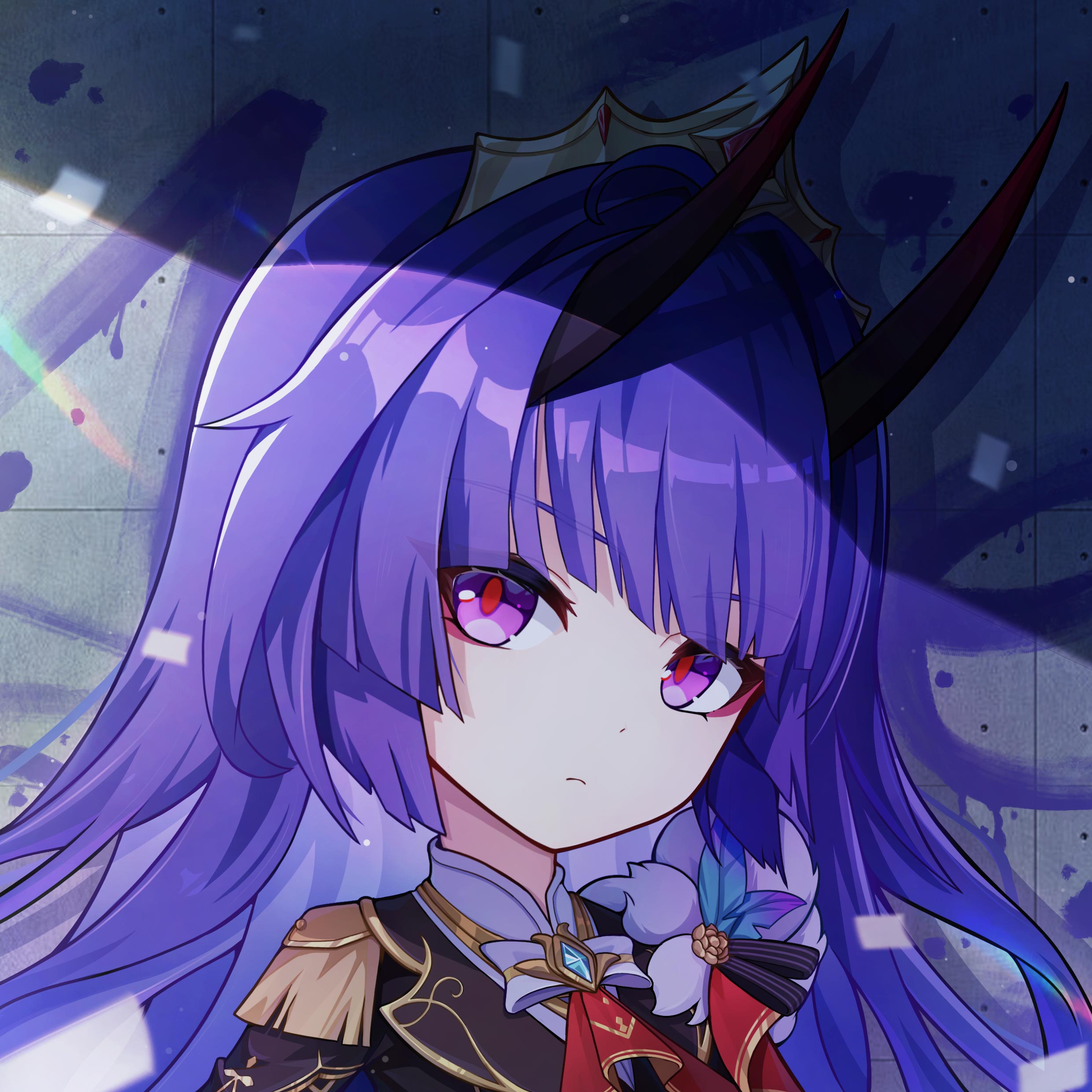 ang55523671, raiden mei, raiden mei (herrscher of thunder), raiden mei (nocturne ablaze), honkai (series), honkai impact 3rd, absurdres, commentary, highres, 1girl, black jacket, chibi, chibi only, closed mouth, epaulettes, graffiti, horns, jacket, long hair, looking at viewer, official alternate costume, portrait, purple eyes, purple hair, red horns, red pupils, solo