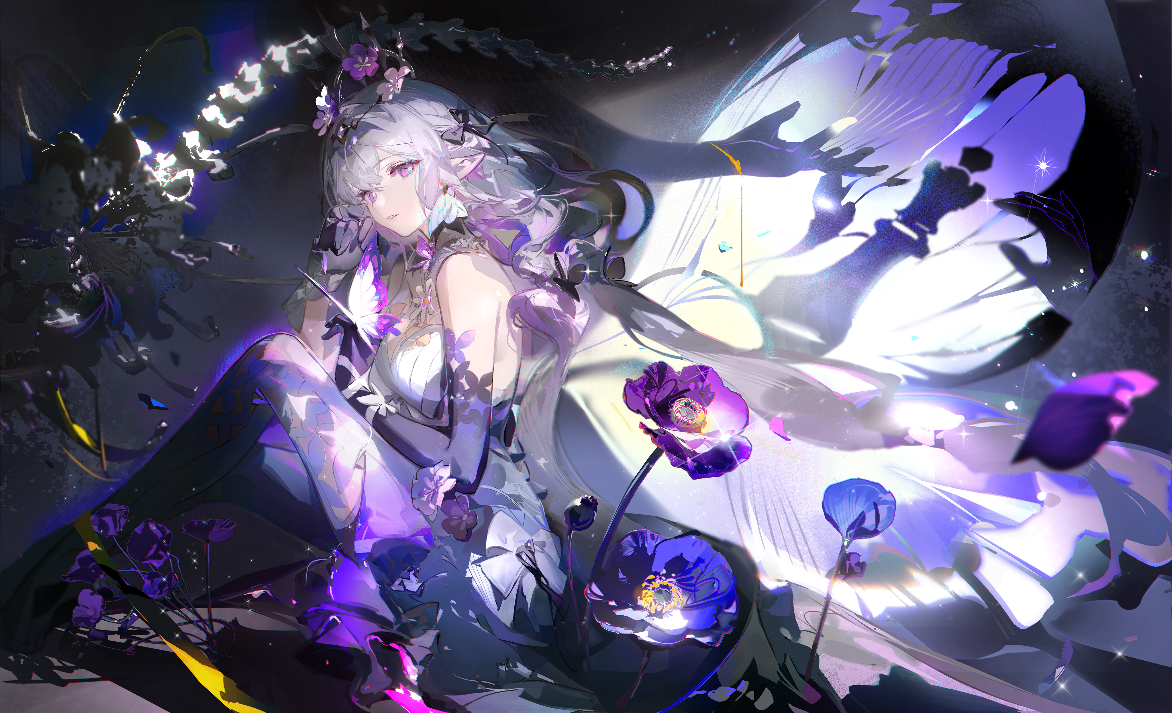 ruoganzhao, castorice (honkai: star rail), honkai: star rail, honkai (series), absurdres, highres, second-party source, 1girl, asymmetrical gloves, bare shoulders, black gloves, black tiara, bone, breasts, dress, elbow gloves, flower, gloves, hair flower, hair ornament, long hair, looking at viewer, medium breasts, parted lips, pointy ears, purple eyes, purple flower, solo, spine, tiara, twintails, uneven gloves, very long hair, white dress, white hair