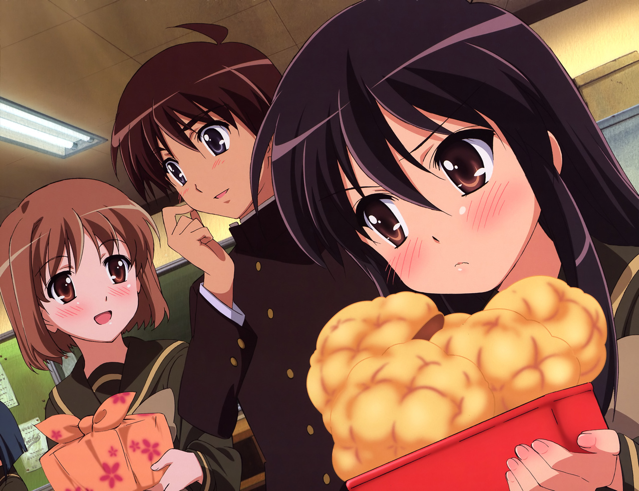 sakai yuuji, shana, yoshida kazumi, shakugan no shana, official art, 00s, bento, black hair, blush, bread, dutch angle, food, melon bread, school uniform