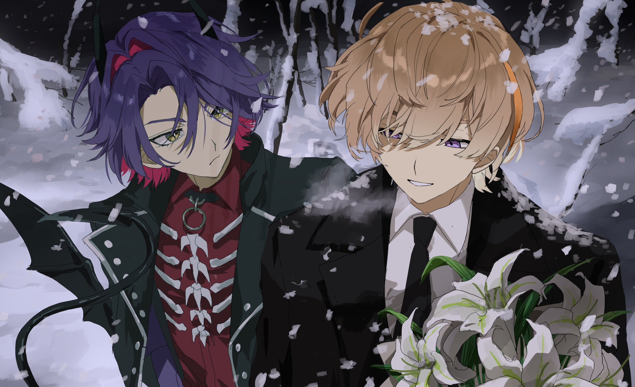 matsuhago, fura kanato, watarai hibari, nijisanji, white lily, highres, 2boys, black jacket, black necktie, black suit, bouquet, brown hair, closed mouth, collared shirt, colored inner hair, curtained hair, demon horns, demon tail, demon wings, expressionless, flower, formal clothes, hair between eyes, holding, holding bouquet, horns, jacket, looking at another, male focus, multicolored hair, multiple boys, necktie, open clothes, open jacket, outdoors, purple eyes, purple hair, red shirt, shirt, short hair, smile, snow, snowing, streaked hair, suit, tail, two-tone hair, upper body, virtual youtuber, wings, winter, yellow eyes