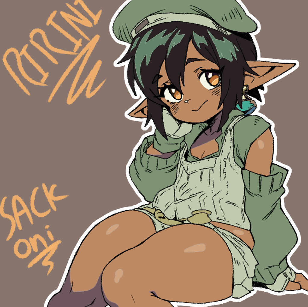 sackoni, warrior of light (ff14), final fantasy, final fantasy xiv, 1girl, artist name, blush, brown background, brown eyes, closed mouth, dark-skinned female, dark skin, earrings, flat chest, from side, green hair, green hat, green shirt, green skirt, green sleeves, green vest, hair between eyes, hand on own cheek, hand on own face, hat, jewelry, lalafell, looking at viewer, medium hair, pointy ears, shirt, simple background, sitting, skirt, smile, solo, vest