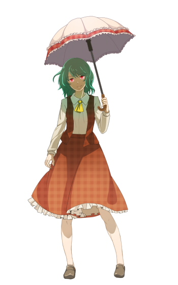 mugishima orie, kazami yuuka, touhou, 1girl, ascot, female focus, full body, green hair, parasol, plaid clothes, plaid skirt, plaid vest, red eyes, shoes, short hair, skirt, skirt set, solo, standing, umbrella, unmoving pattern, vest, white background