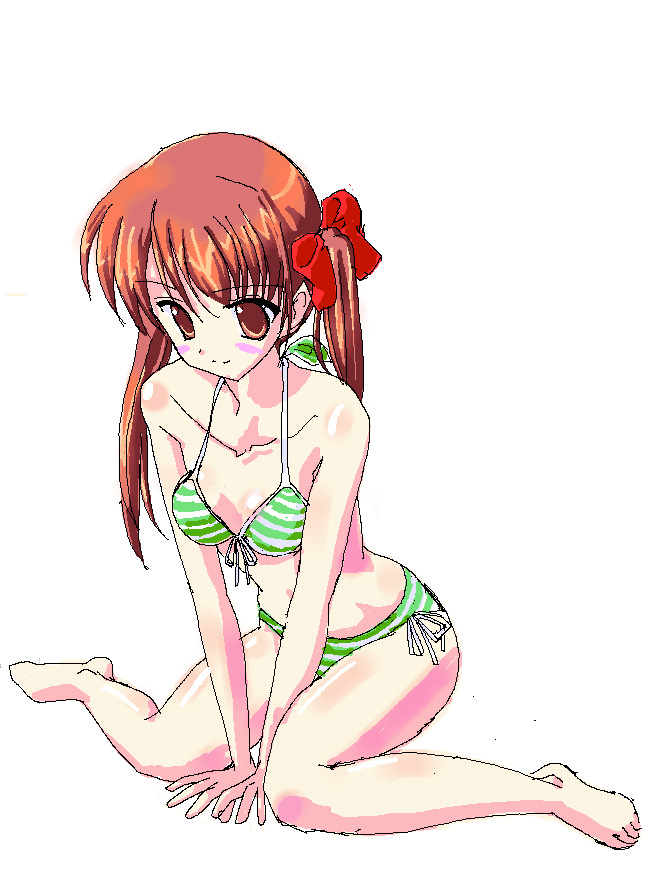 fra, fukuzawa yumi, maria-sama ga miteru, bad id, bad pixiv id, 00s, barefoot, bikini, brown eyes, brown hair, green bikini, kneeling, looking down, solo, swimsuit