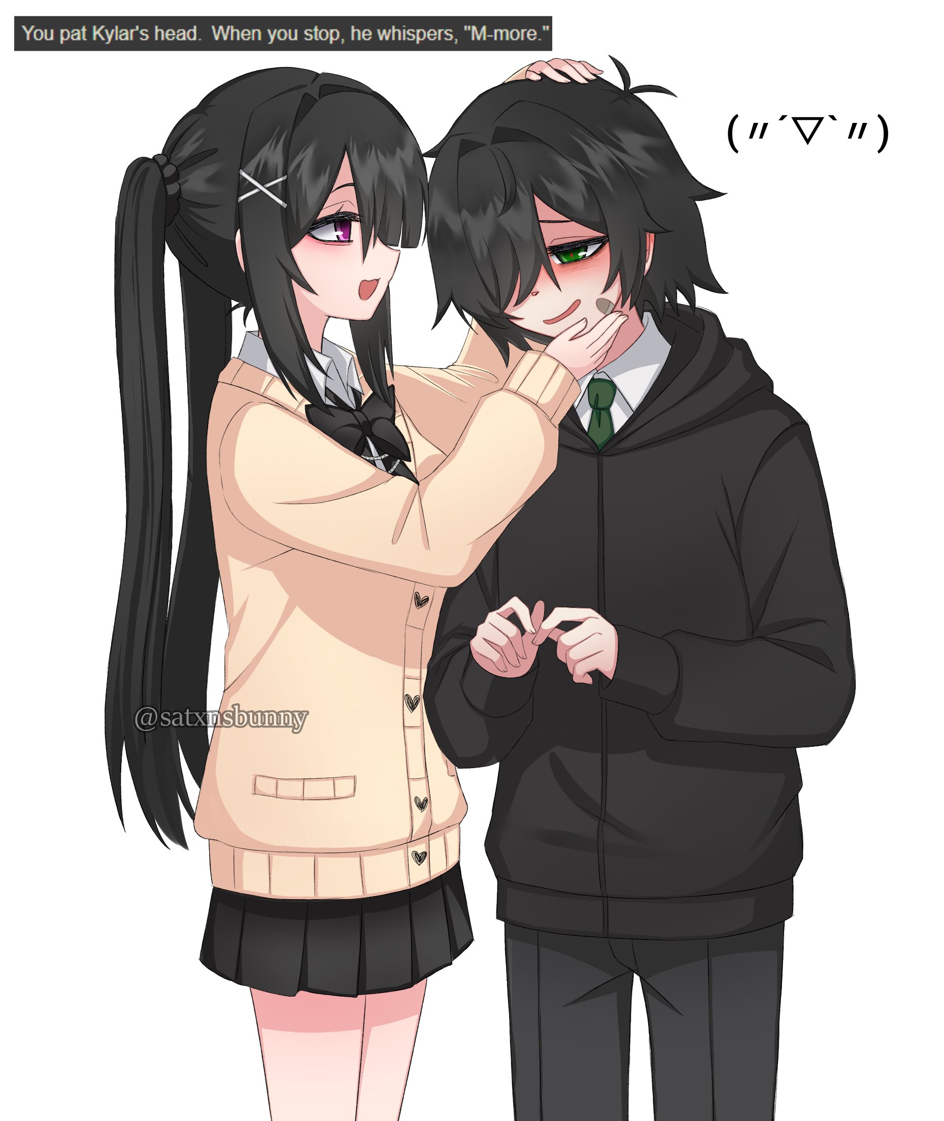 kylar (degrees of lewdity), kylar (male) (degrees of lewdity), player character (degrees of lewdity), player character (female) (degrees of lewdity), degrees of lewdity, highres, 1boy, 1girl, artist name, black bow, black bowtie, black hair, black hoodie, black pants, black skirt, bow, bowtie, collared shirt, english text, green eyes, green necktie, headpat, hood, hoodie, long hair, necktie, open mouth, pants, pleated skirt, purple eyes, satxnsbunny, shirt, short hair, simple background, skirt, twintails, white background, white shirt