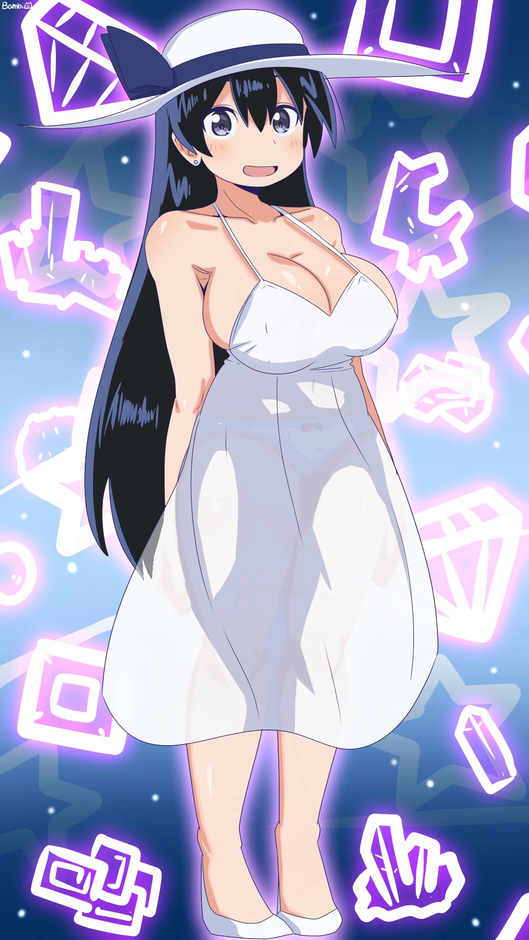 bambi2000line, arato nagi, hasshaku-sama, ruri no houseki, commentary, highres, 1girl, :d, bare arms, bare legs, bare shoulders, black eyes, black hair, black ribbon, bow, bow panties, breasts, cleavage, collarbone, cosplay, dress, earrings, full body, gem, hair between eyes, hasshaku-sama (cosplay), hat, hat ribbon, huge breasts, jewelry, light blush, long hair, looking at viewer, open mouth, panties, ribbon, see-through clothes, see-through dress, shoes, sleeveless, sleeveless dress, smile, solo, spaghetti strap, standing, star (sky), starry sky background, stud earrings, sun hat, sundress, underwear, very long hair, white dress, white hat, white panties, white shoes
