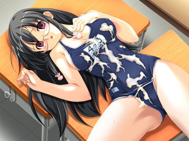 kuuchuu yousai, otonashi meimi, makai tenshi djibril, 1girl, black hair, blush, breasts, cameltoe, classroom, cum, cum on clothes, desk, empty eyes, female focus, glasses, large breasts, looking down, looking up, lying, on back, one-piece swimsuit, red eyes, school, school desk, school swimsuit, solo, swimsuit