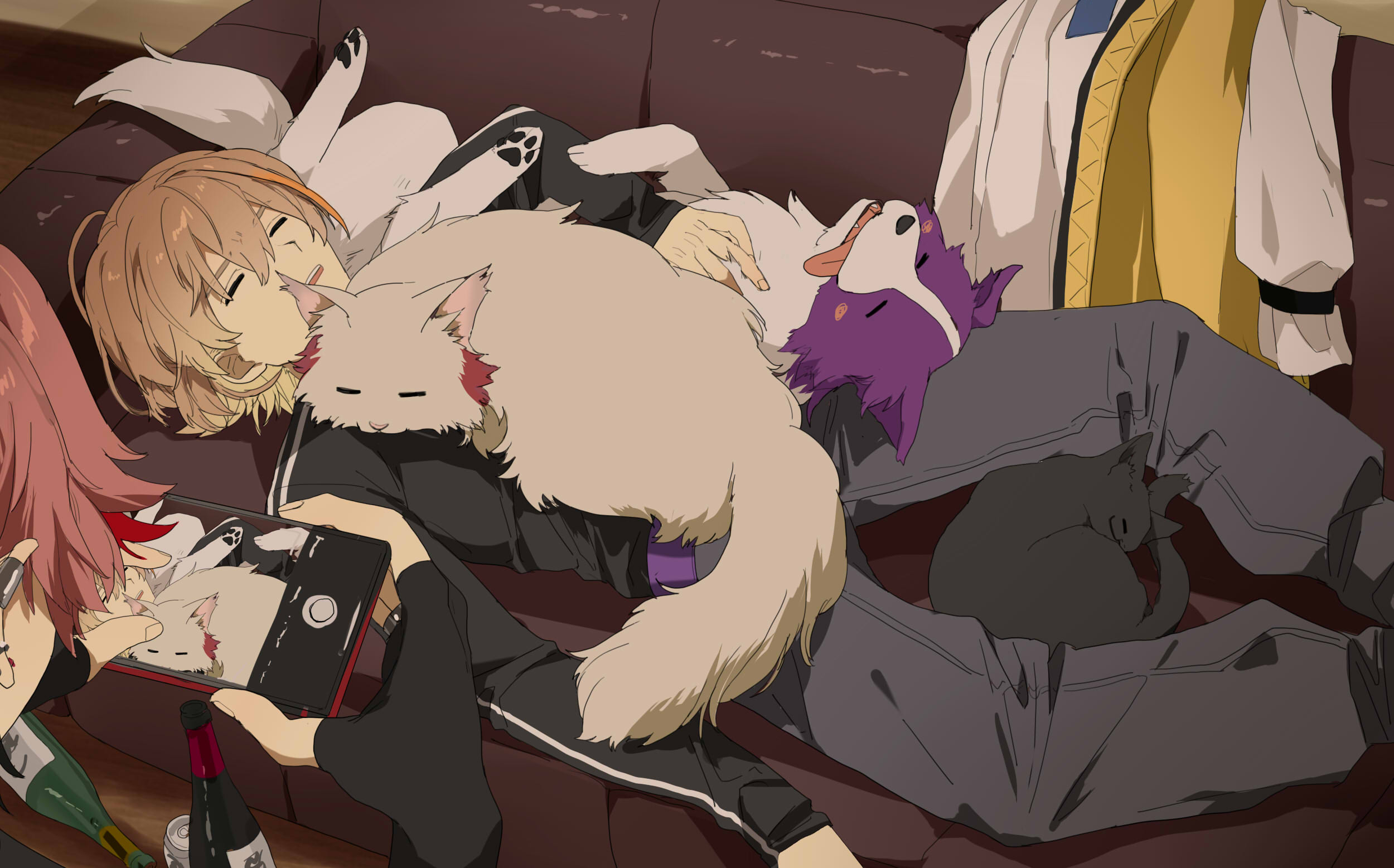 matsuhago, fura kanato, seraph dazzlegarden, watarai hibari, nijisanji, highres, 2boys, animalization, black jacket, black pants, brown hair, cat, cellphone, couch, dog, fingerless gloves, gloves, holding, holding phone, jacket, lying, male focus, multiple boys, on back, on couch, pants, phone, short hair, sleeping, smartphone, taking picture, track jacket, virtual youtuber