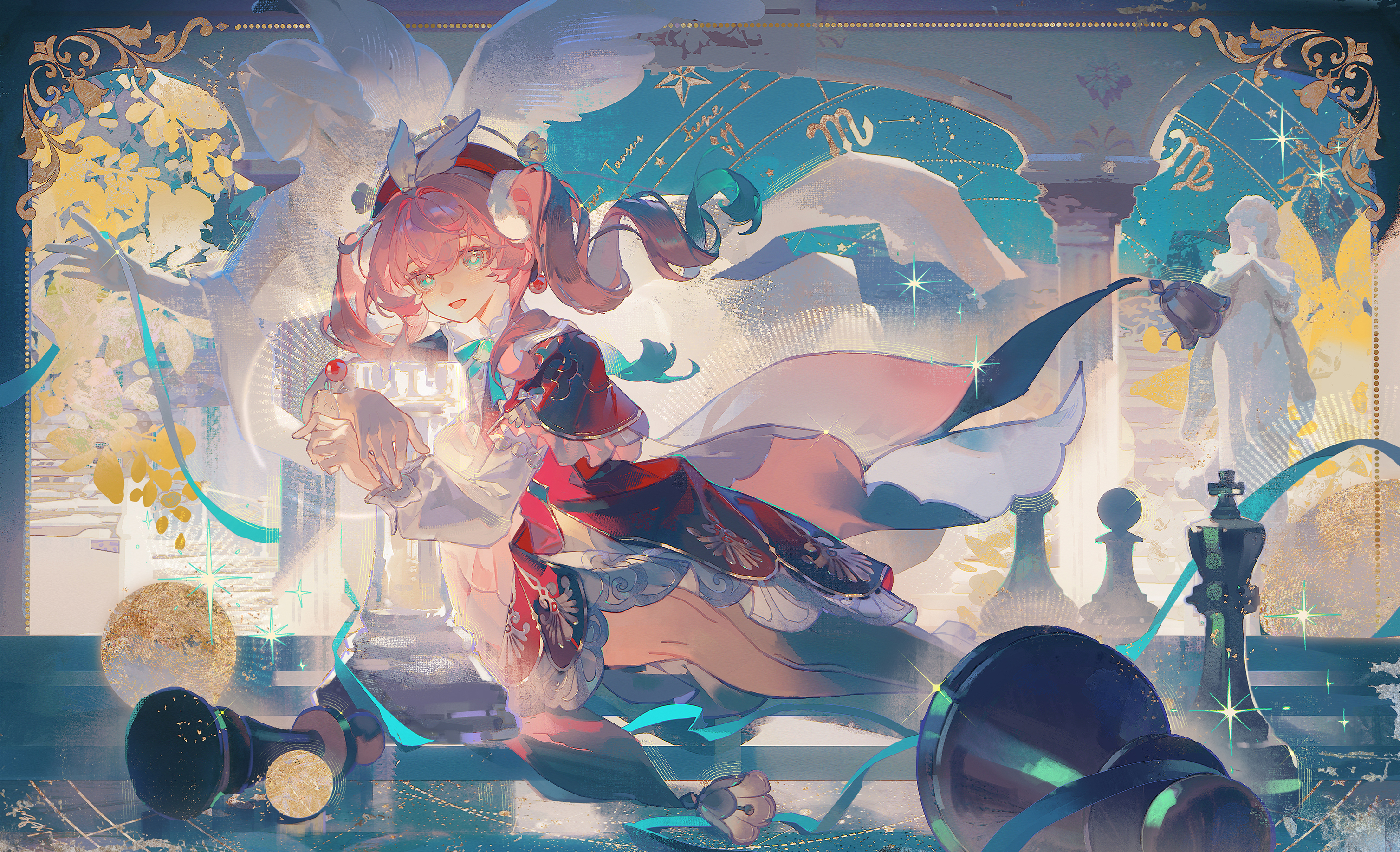 niukou kouzi, hyacine (honkai: star rail), honkai: star rail, honkai (series), highres, second-party source, textless version, 1girl, aqua eyes, aqua hair, chess piece, chessboard, dress, floating hair, gradient hair, hat, king (chess), long sleeves, multicolored hair, open mouth, pawn (chess), pink hair, red dress, red hat, rook (chess), short hair, smile, solo, statue, twintails