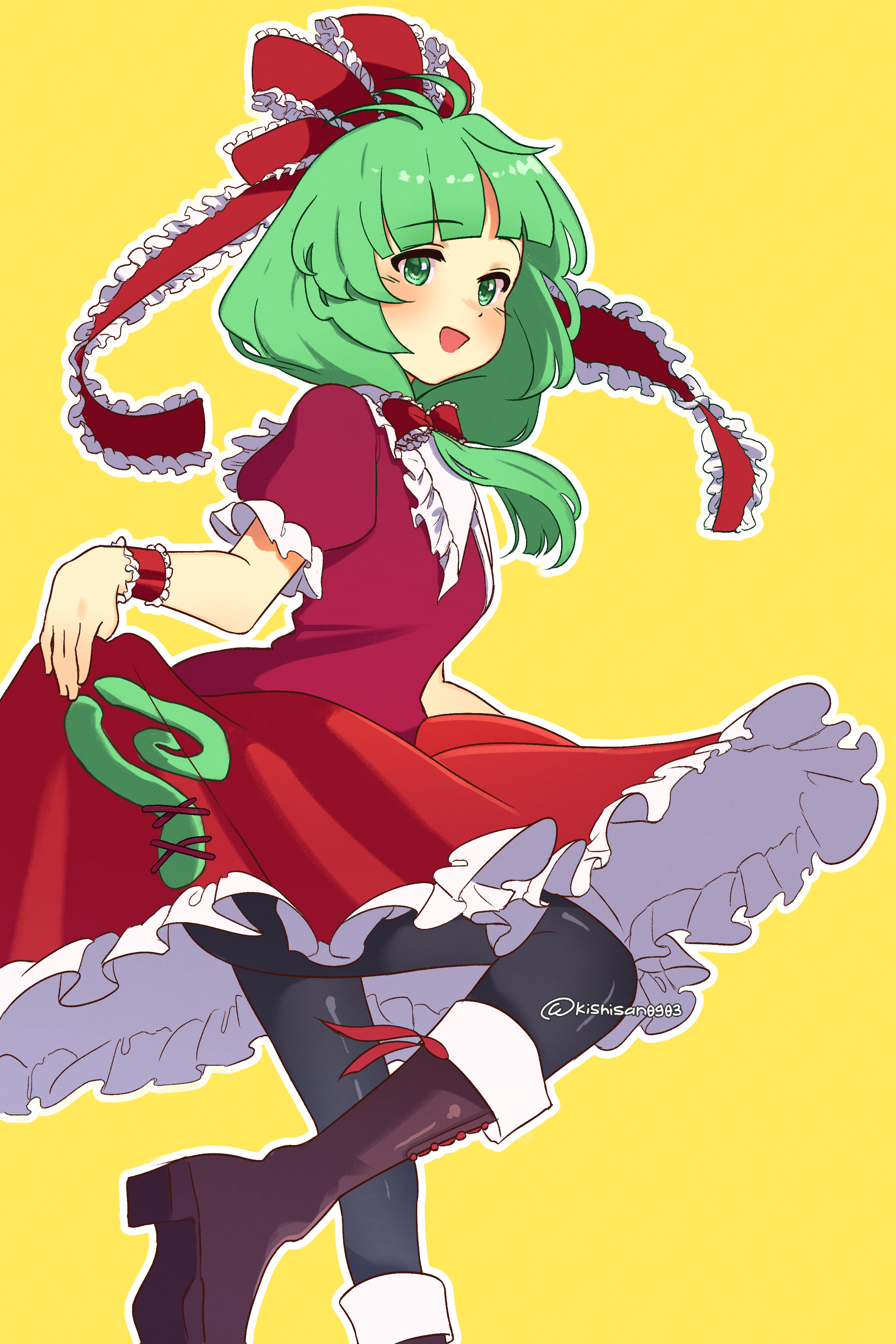 satria (knight-san), kagiyama hina, mountain of faith, touhou, absurdres, commission, highres, pixiv commission, 1girl, black pantyhose, boots, bow, clothes lift, dress, dress lift, frilled dress, frills, front ponytail, green eyes, green hair, pantyhose, red bow, red dress, red ribbon, ribbon, smile, solo, yellow background