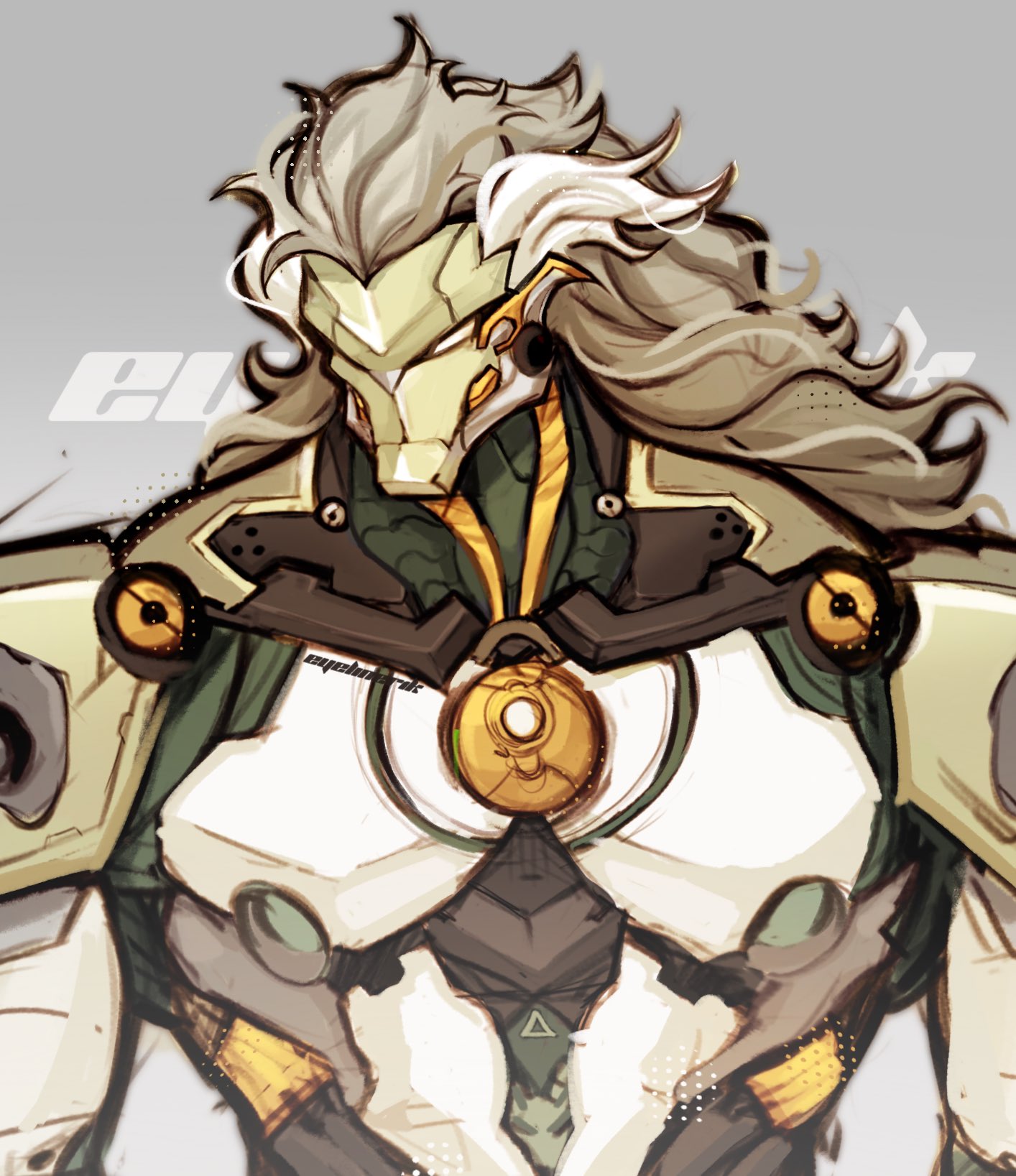 zenless zone zero, commentary, english commentary, highres, 1boy, banyue (zenless zone zero), bara, ey3linr, grey hair, long hair, looking at viewer, male focus, muscular, muscular male, robot boy, upper body