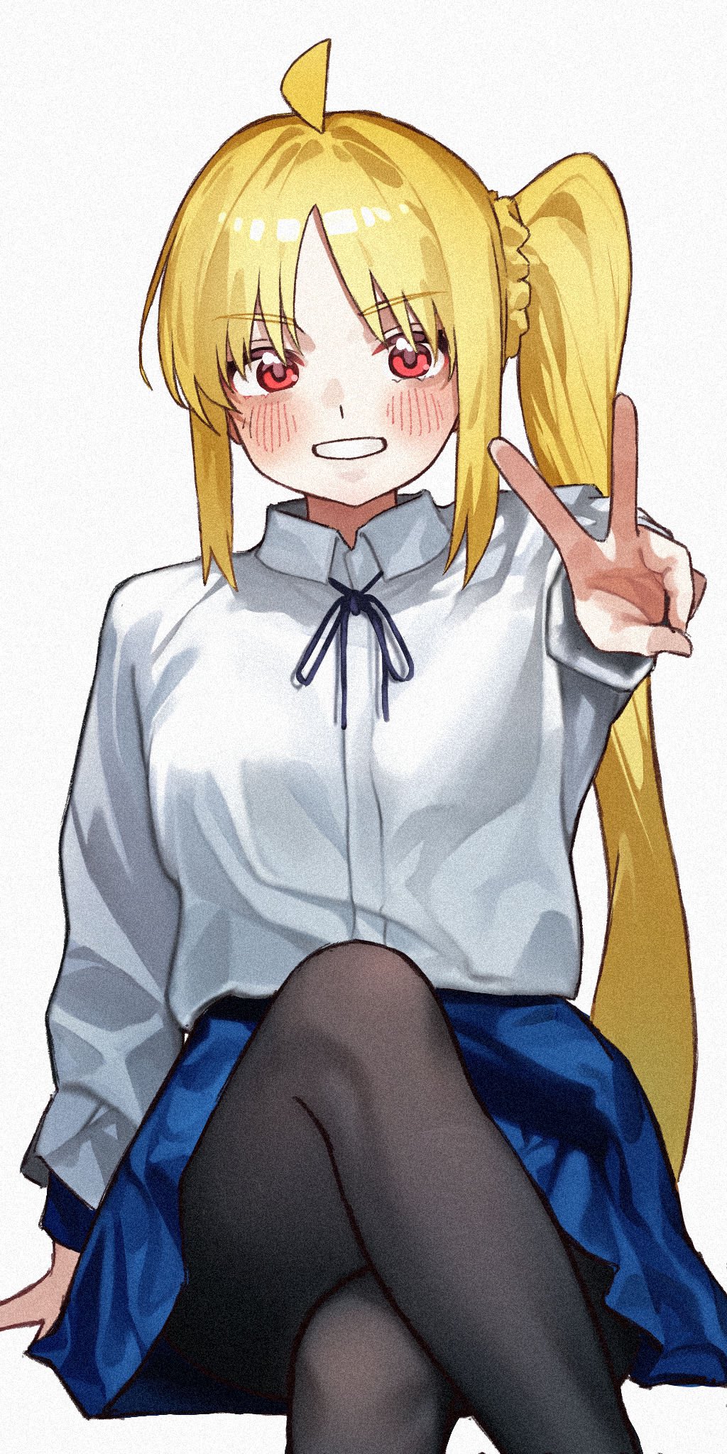taroekaki, ijichi nijika, yamada ryo, bocchi the rock!, commentary, highres, 1girl, :d, ahoge, arm at side, black pantyhose, black ribbon, blonde hair, blue skirt, blush, clothes lift, collared shirt, cosplay, dress shirt, feet out of frame, film grain, grin, hand up, happy, long hair, looking at viewer, miniskirt, neck ribbon, open mouth, pantyhose, parted bangs, pleated skirt, red eyes, ribbon, shirt, side ponytail, sidelocks, simple background, sitting, skirt, smile, solo, straight hair, v, v-shaped eyebrows, very long hair, white background, white shirt, yamada ryo (cosplay)