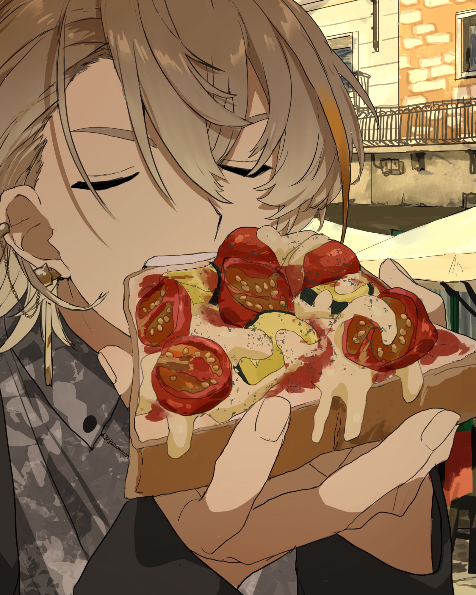 matsuhago, fura kanato, nijisanji, hashtag-only commentary, highres, 1boy, bread, bread slice, brown hair, cheese, closed eyes, food, food in mouth, hair between eyes, male focus, mouth hold, multicolored hair, short hair, solo, streaked hair, teeth, toast, toast in mouth, tomato, upper body, virtual youtuber