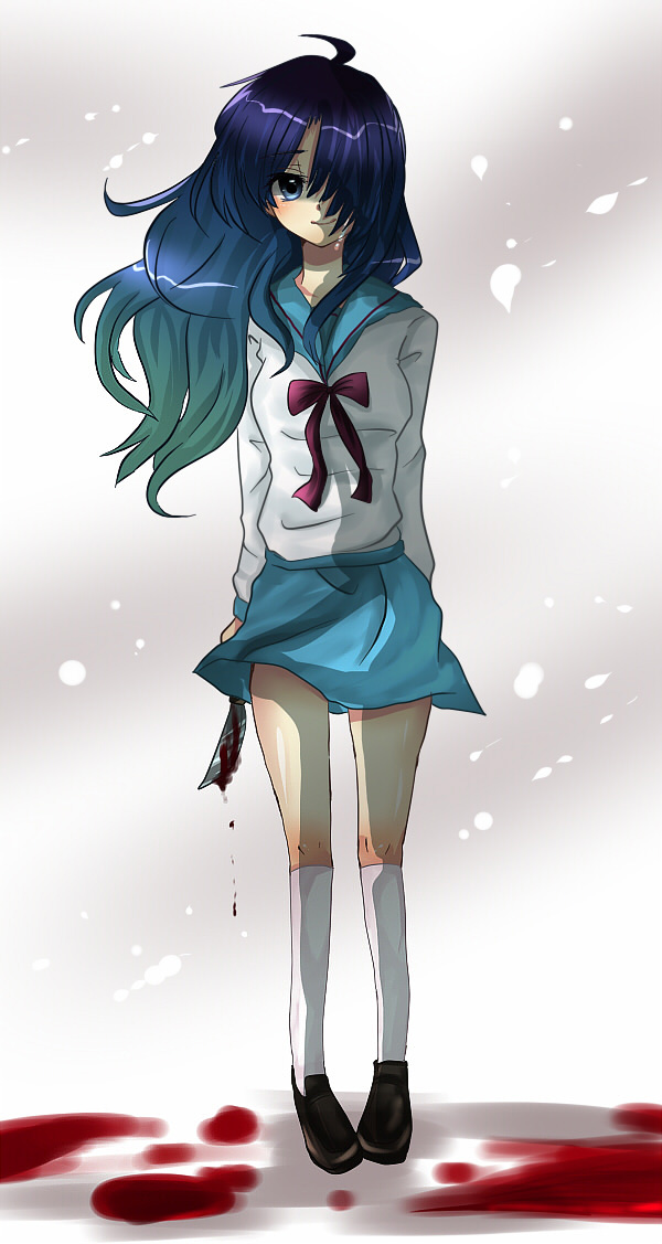 isuzu rio, meeji (isuzu rio), asakura ryoko, suzumiya haruhi no yuuutsu, bad id, bad pixiv id, 00s, 1girl, blood, blue eyes, blue hair, female focus, hair over one eye, knife, long hair, matching hair/eyes, school uniform, serafuku, solo, tears, yandere