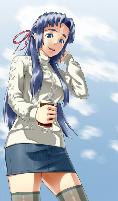 gonoike biwa, asakura ryoko, suzumiya haruhi no yuuutsu, bad id, bad pixiv id, 00s, blue eyes, blue hair, casual, long hair, solo, thighhighs, zettai ryouiki