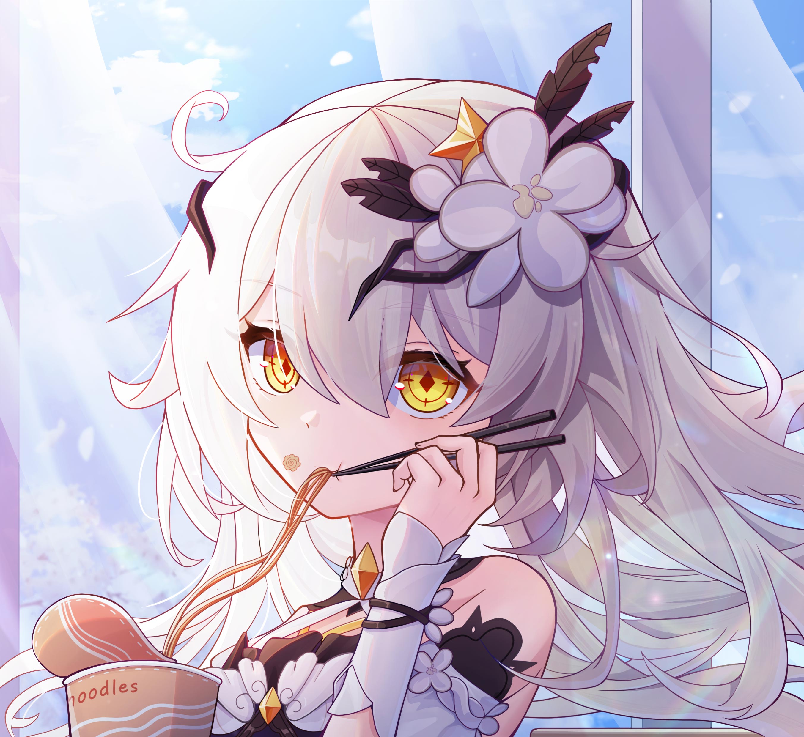 ang55523671, kiana kaslana, kiana kaslana (herrscher of the void), kiana kaslana (magic girl sirin), honkai (series), honkai impact 3rd, absurdres, commentary, english commentary, highres, 1girl, bare shoulders, breasts, chibi, chibi only, chopsticks, cup ramen, diamond-shaped pupils, diamond (shape), eating, hair between eyes, hair ornament, holding, holding chopsticks, holding with chopsticks, indoors, long hair, looking at viewer, medium breasts, side ahoge, solo, symbol-shaped pupils, upper body, white hair, window, yellow eyes