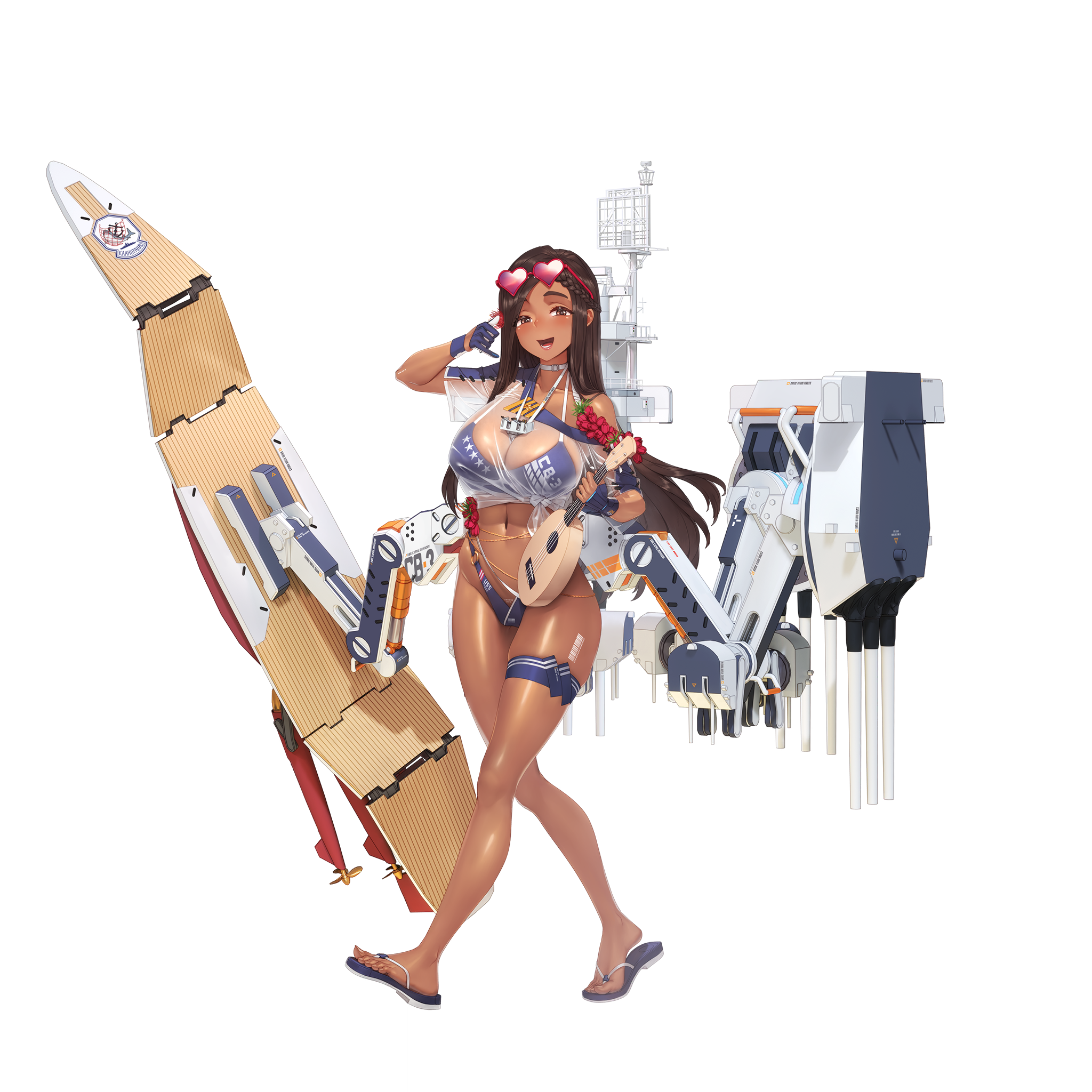 warship girls r, artist request, highres, official art, adapted turret, anti-aircraft, anti-aircraft gun, artillery, autocannon, bikini, blue bikini, blue gloves, blue sandals, bofors 40 mm gun, breasts, brown eyes, brown hair, cannon, choker, cleavage, dark-skinned female, dark skin, eyewear on head, fingerless gloves, flower, full body, gloves, hawaii (warship girls r), heart, heart-shaped eyewear, holding, holding instrument, instrument, large breasts, looking at viewer, mast, navel, open mouth, red flower, rigging, sandals, ship turret, smile, swimsuit, thigh strap, transparent background, ukulele, white choker