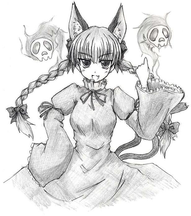 eku, kaenbyou rin, touhou, bad id, bad pixiv id, 1girl, animal ears, braid, female focus, greyscale, monochrome, sketch, solo, twin braids, white background