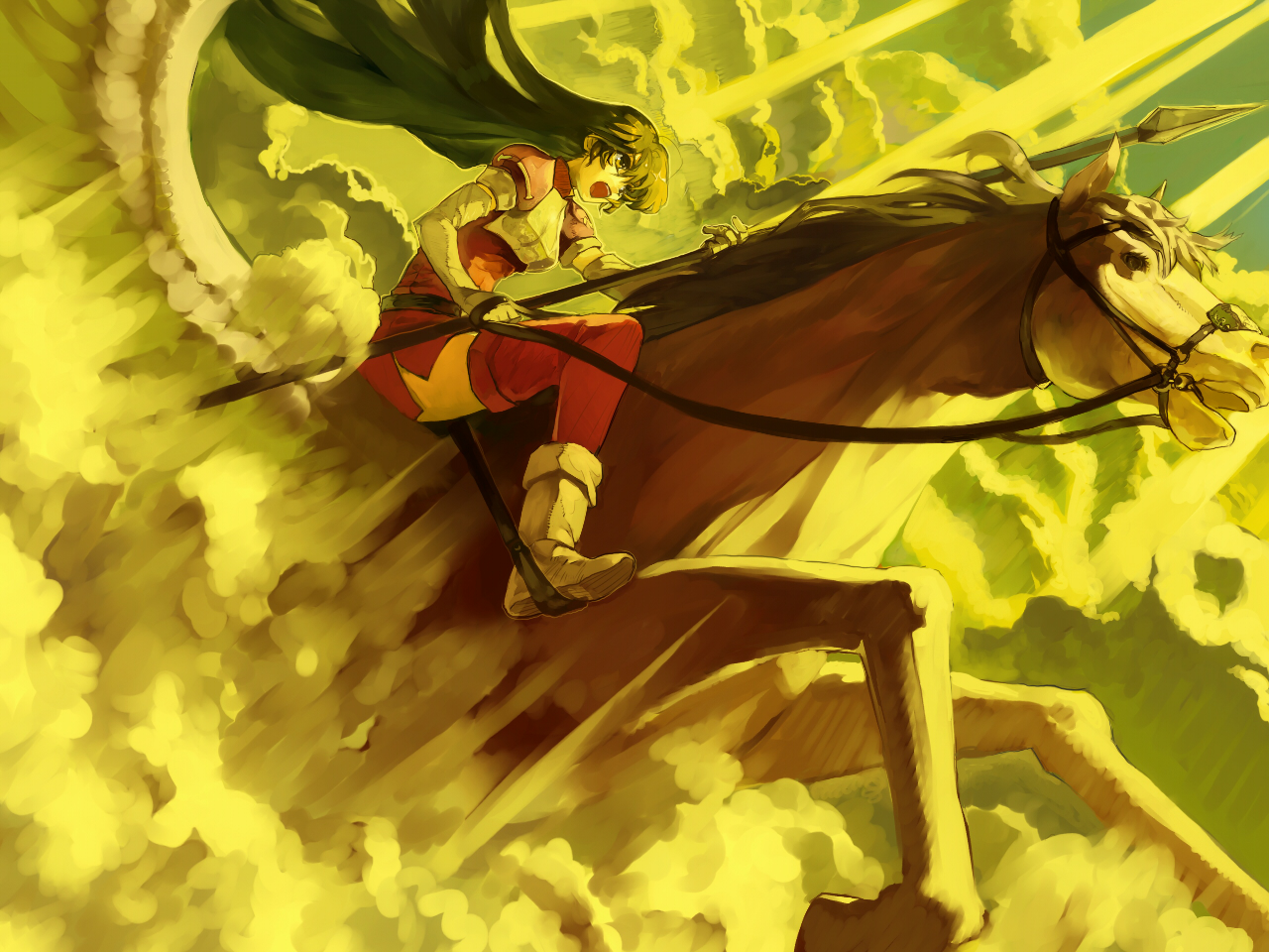 bob (biyonbiyon), caeda (fire emblem), fire emblem, fire emblem: mystery of the emblem, fire emblem: shadow dragon, nintendo, pegasus knight uniform (fire emblem), 1girl, armor, armored dress, cloud, dress, elbow gloves, female focus, gloves, horse, long hair, pegasus, polearm, solo, spear, thighhighs, weapon, wings, yellow theme