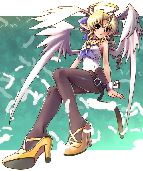 katahira masashi, original, animal ears, blonde hair, blue eyes, canards, drill hair, fake animal ears, feathers, full body, head wings, high heels, long hair, pantyhose, playboy bunny, pointy ears, rabbit ears, shoes, sitting, solo, wings, wrist cuffs