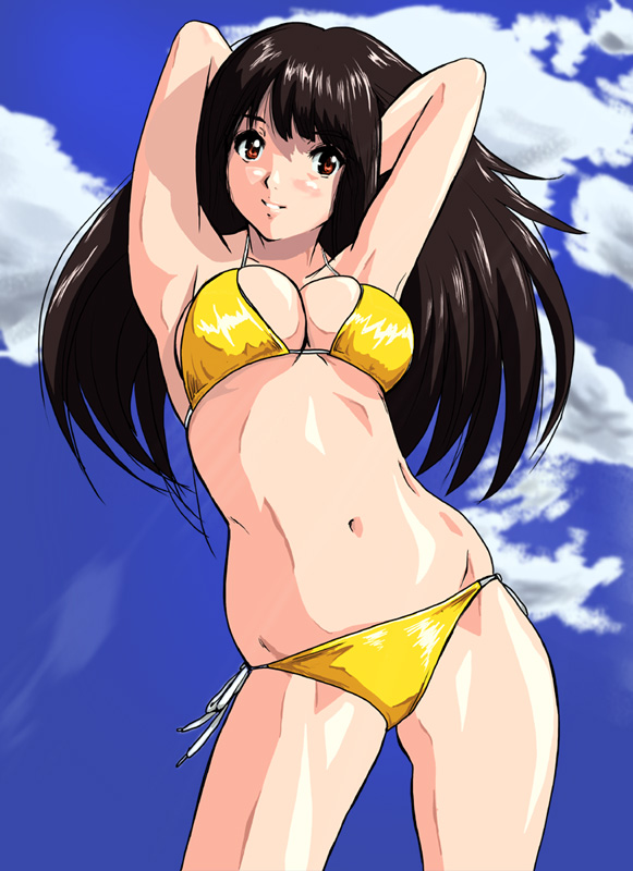 shu-z, lei fang, dead or alive, tecmo, 1girl, bikini, day, female focus, long hair, shiny skin, solo, swimsuit, yellow bikini