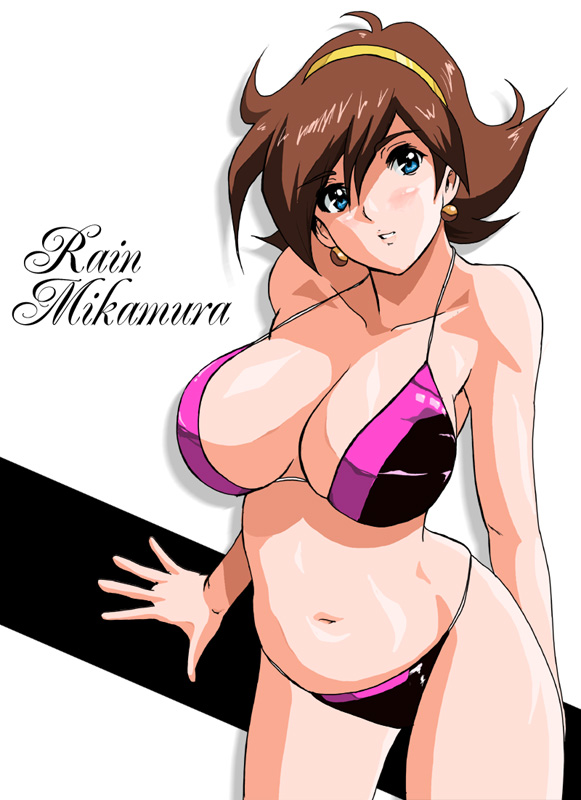 shu-z, rain mikamura, g gundam, gundam, 1990s (style), 1girl, adapted costume, arms behind back, bikini, blue eyes, breasts, brown hair, character name, cleavage, earrings, female focus, grin, hair between eyes, hairband, jewelry, large breasts, looking at viewer, navel, retro artstyle, shadow, shiny skin, short hair, simple background, smile, solo, standing, swimsuit, white background