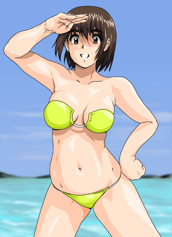 shu-z, ayase fuuka, yotsubato!, 1girl, bare shoulders, bikini, bob cut, breasts, brown eyes, brown hair, day, female focus, grin, looking at viewer, medium breasts, plump, shaded face, shiny skin, short hair, smile, solo, standing, swimsuit, thick eyebrows, yellow bikini