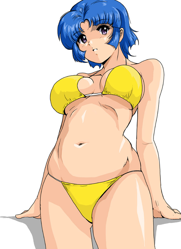 shu-z, kusuha mizuha, banpresto, super robot wars, 1girl, bikini, blue hair, female focus, shiny skin, short hair, simple background, solo, swimsuit, yellow bikini