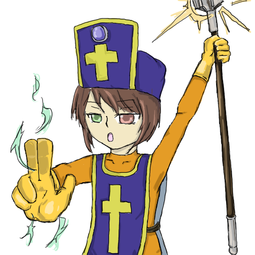 priest (dq3), souseiseki, chunsoft, dragon quest, dragon quest iii, enix, rozen maiden, brown hair, cosplay, heterochromia, priest, short hair, solo, staff