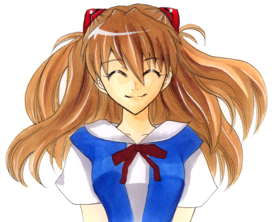 veneruves, souryuu asuka langley, neon genesis evangelion, traditional media, 1girl, breasts, female focus, floating hair, school uniform, smile, solo, tokyo-3 middle school uniform, upper body, white background
